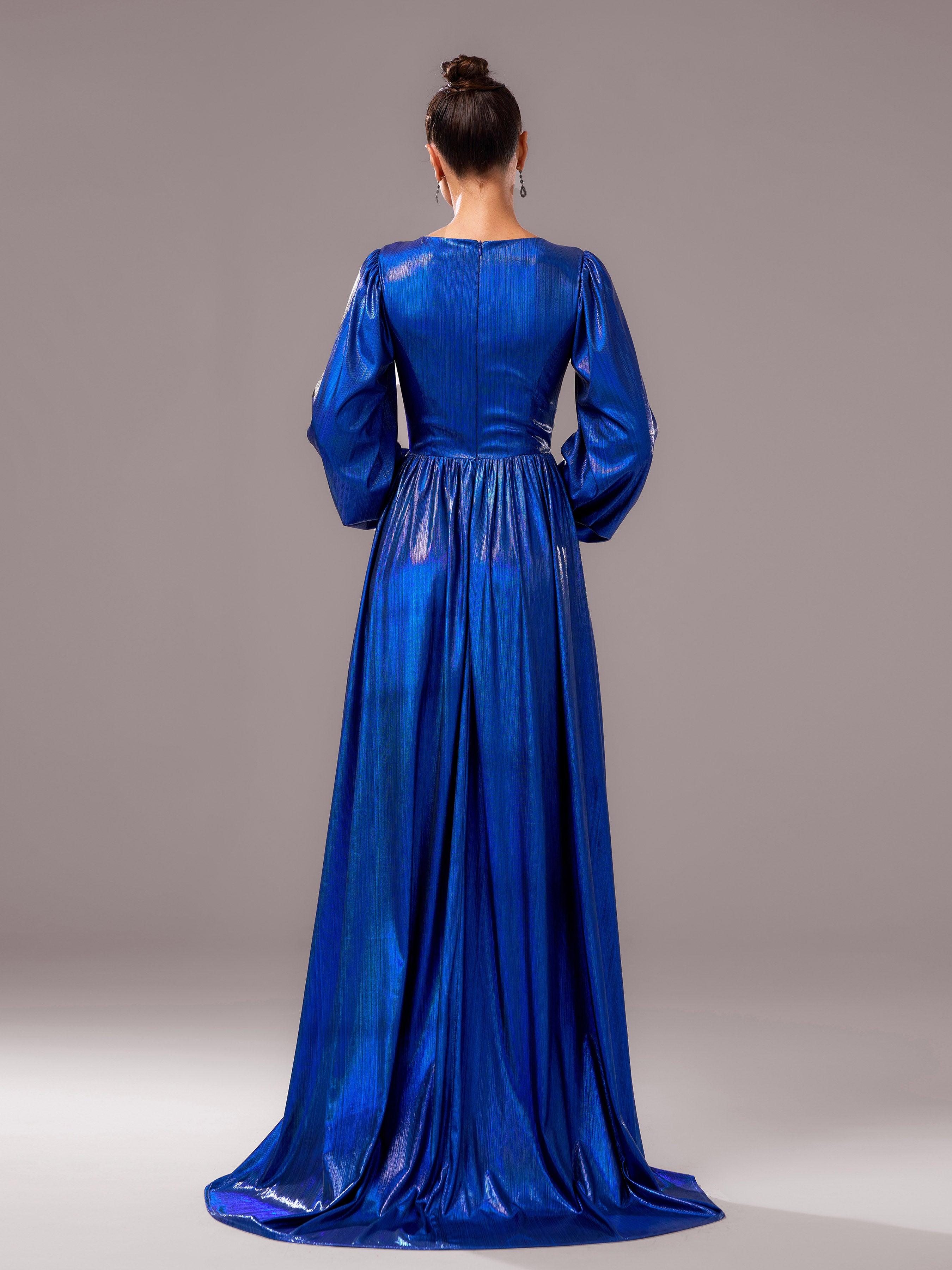 Blå V-udskæring Langærmet A-line Prom Dress DH80273