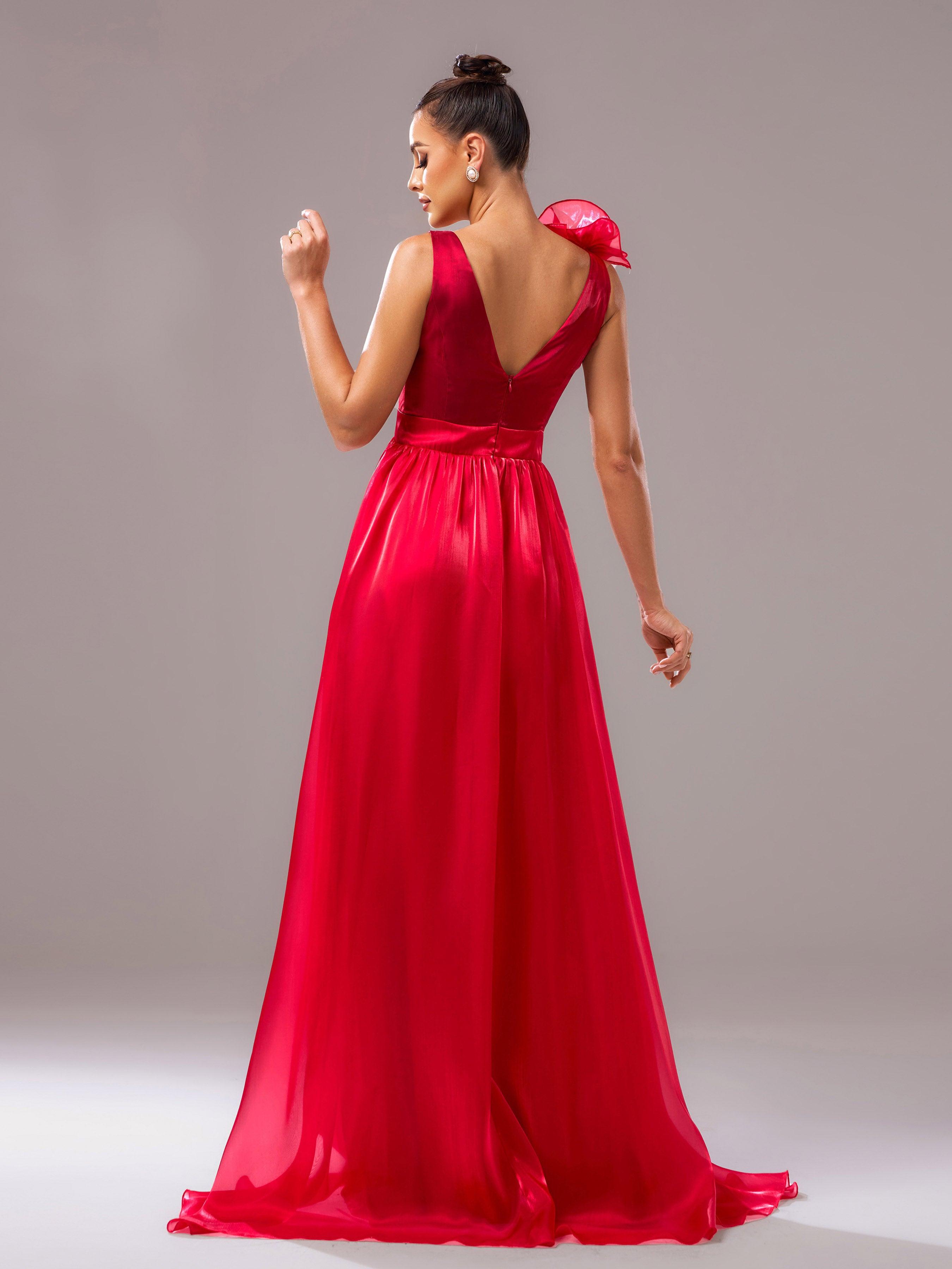 Vestido de noite vermelho de cetim floral com decote em V e corte em A GZ60108