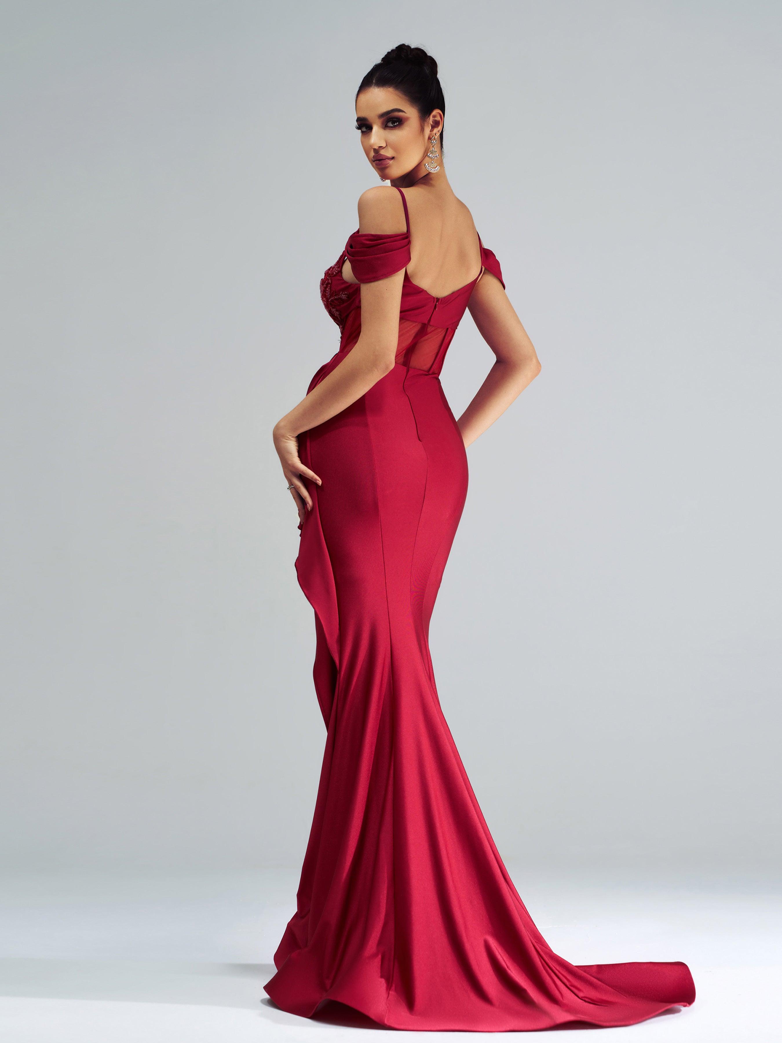 Vestido de baile sereia bordado vermelho com folhos DH80253