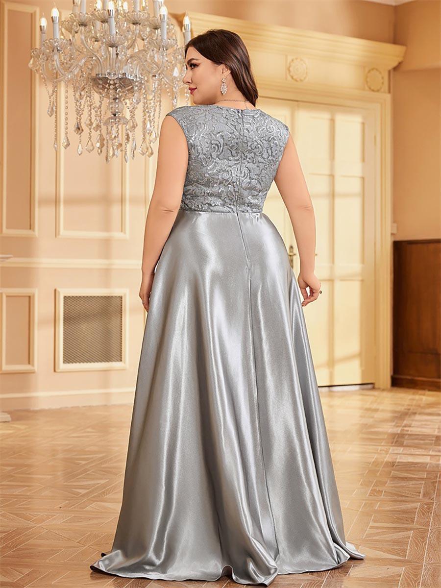 Plus Grey Panel V-hals A-line Prom Dress MCC1232