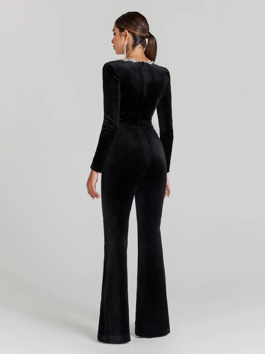 Jumpsuit i fløjl med firkantet hals og rhinsten MYC1033