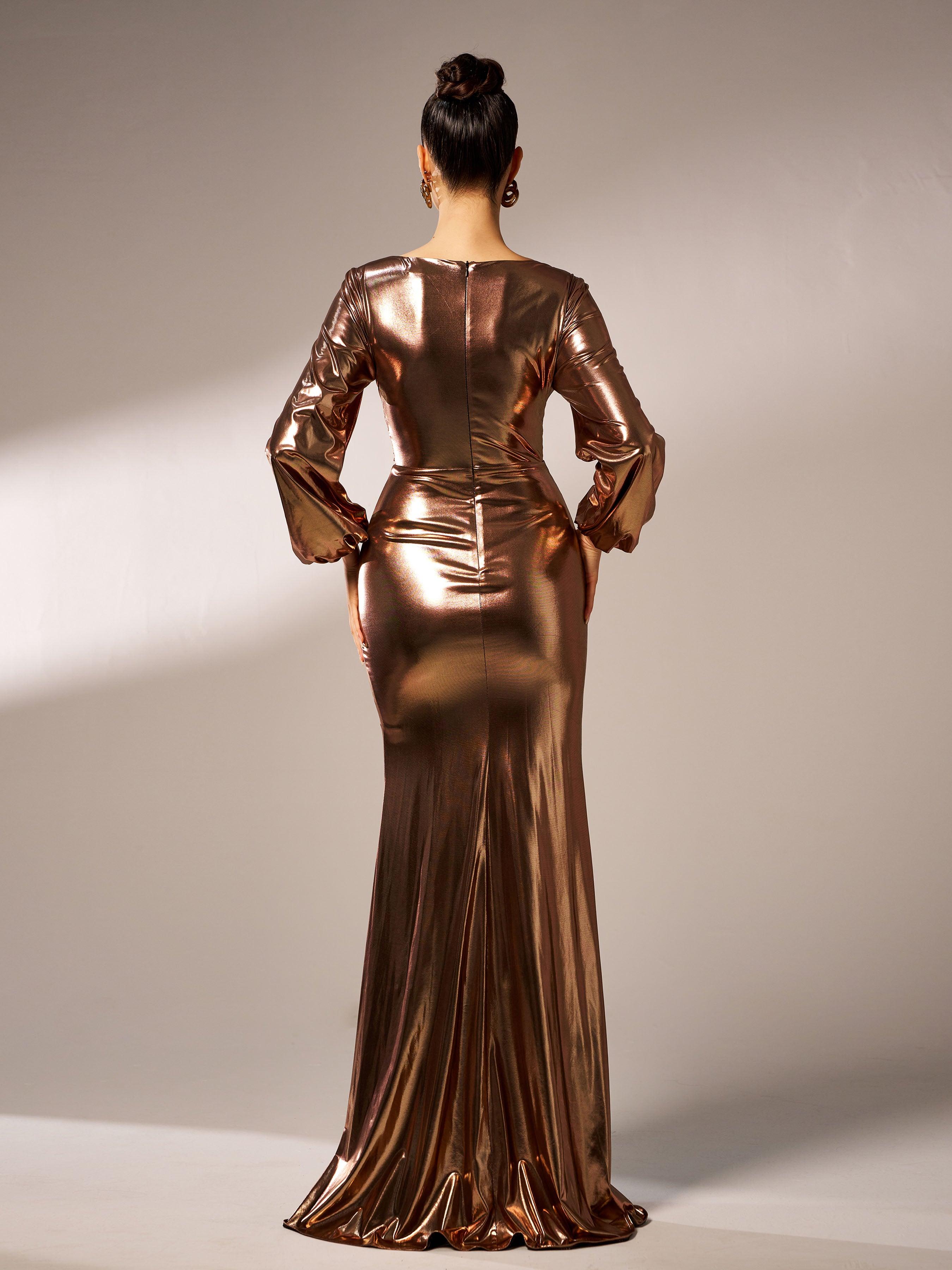 Wrap langærmet metallic gallakjole RJ12035