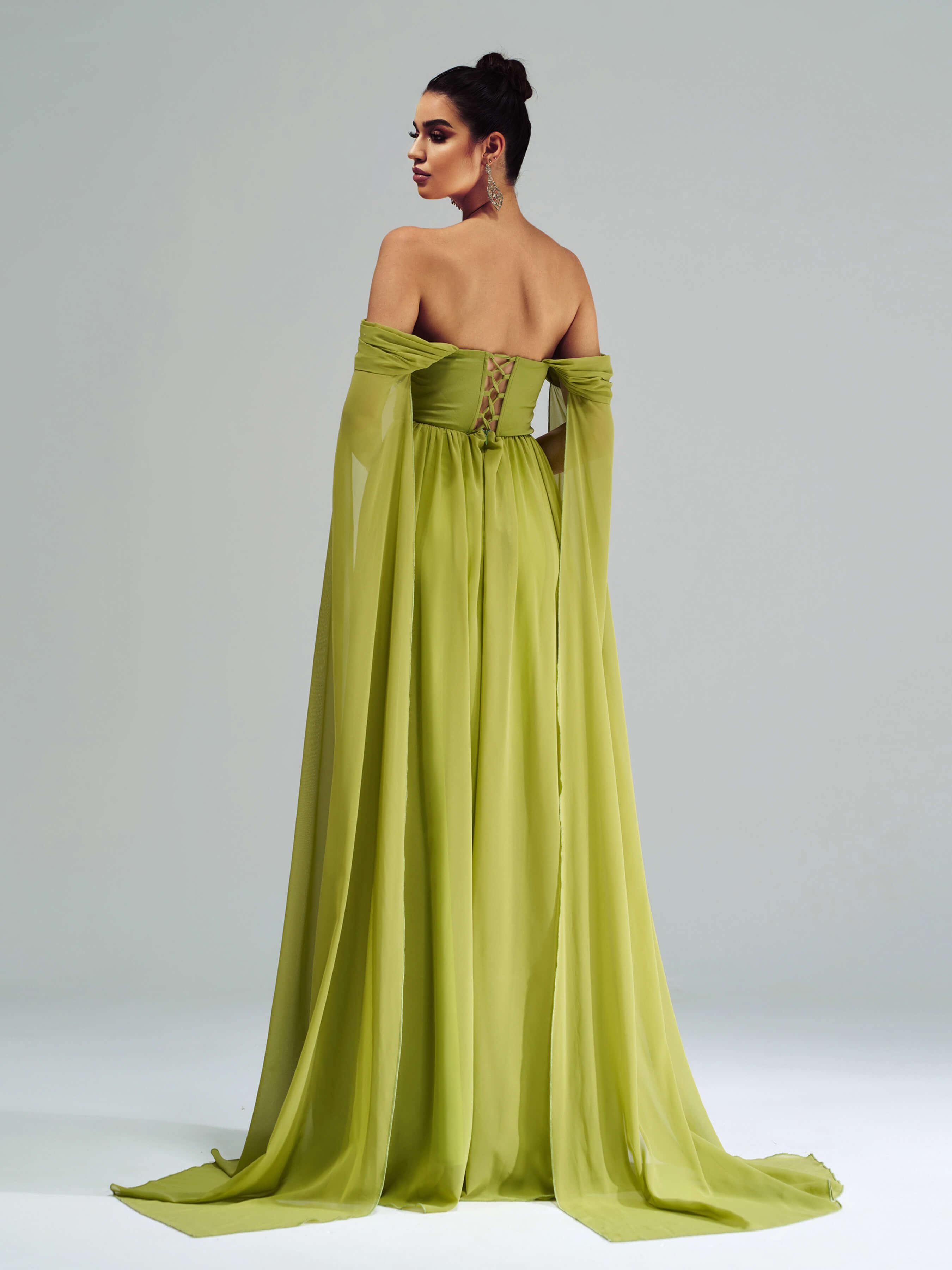 Grøn Chiffon Rhinestone Off Shoulder Prom Dress RX70147