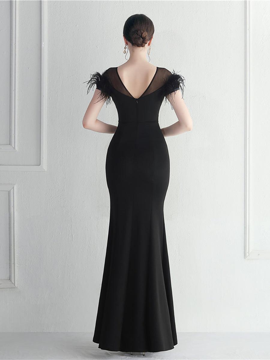 Cocktailkjole med mesh-panel og rhinestone-fjer MCW1137