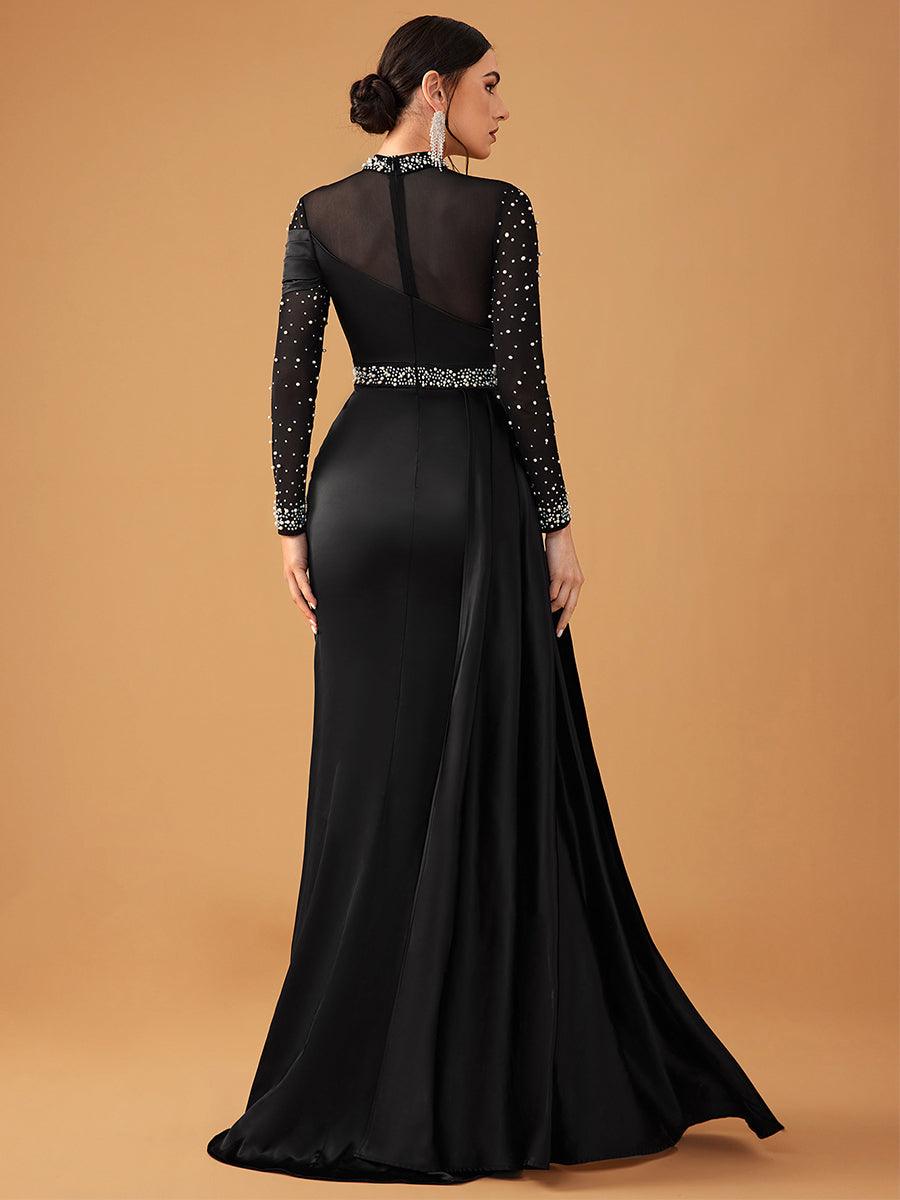 Elegant aftenkjole med netperler og rullekrave i satin GM90146