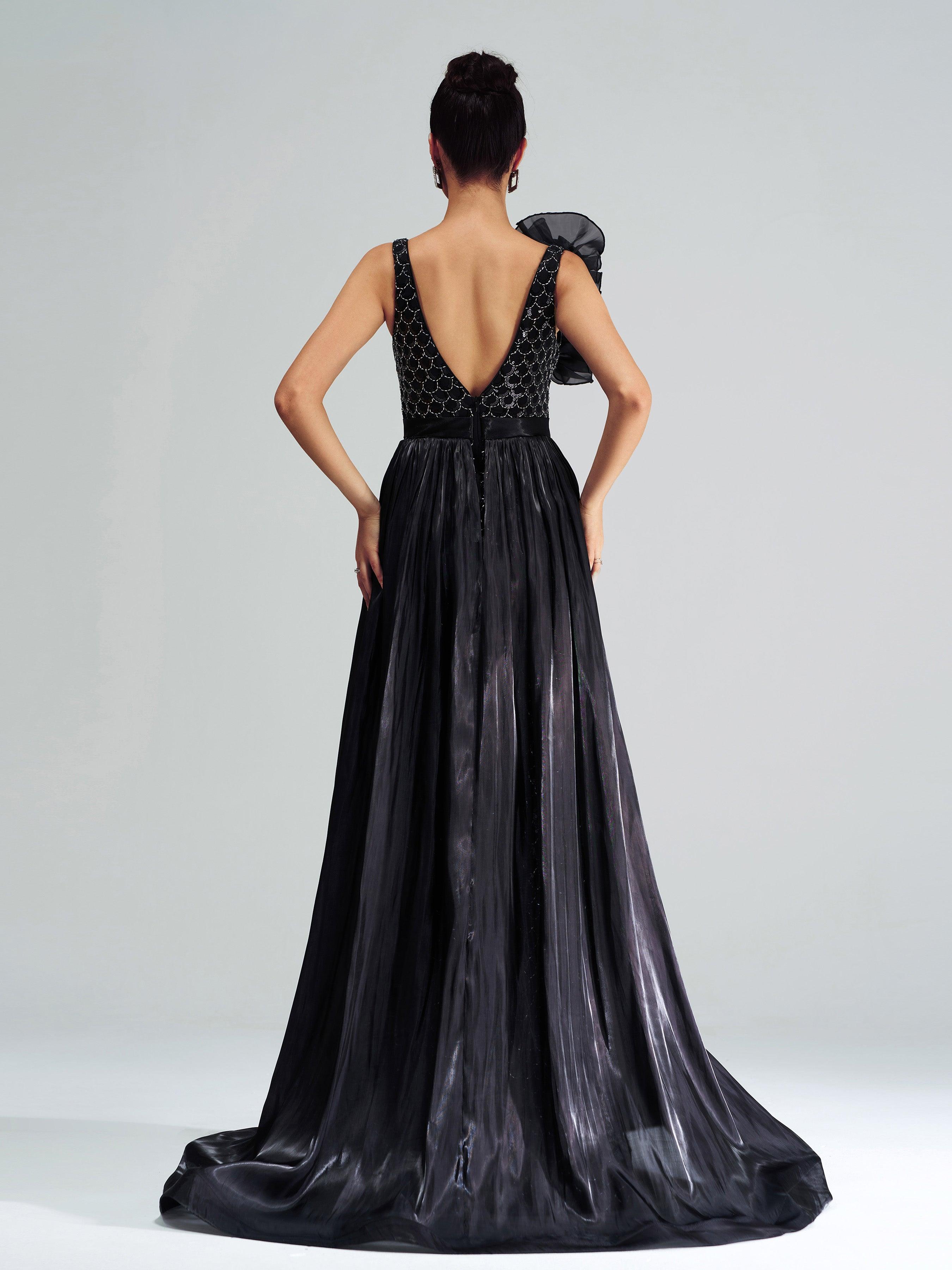 Ruffled Backless Mesh Cape Aftenkjole DH80079