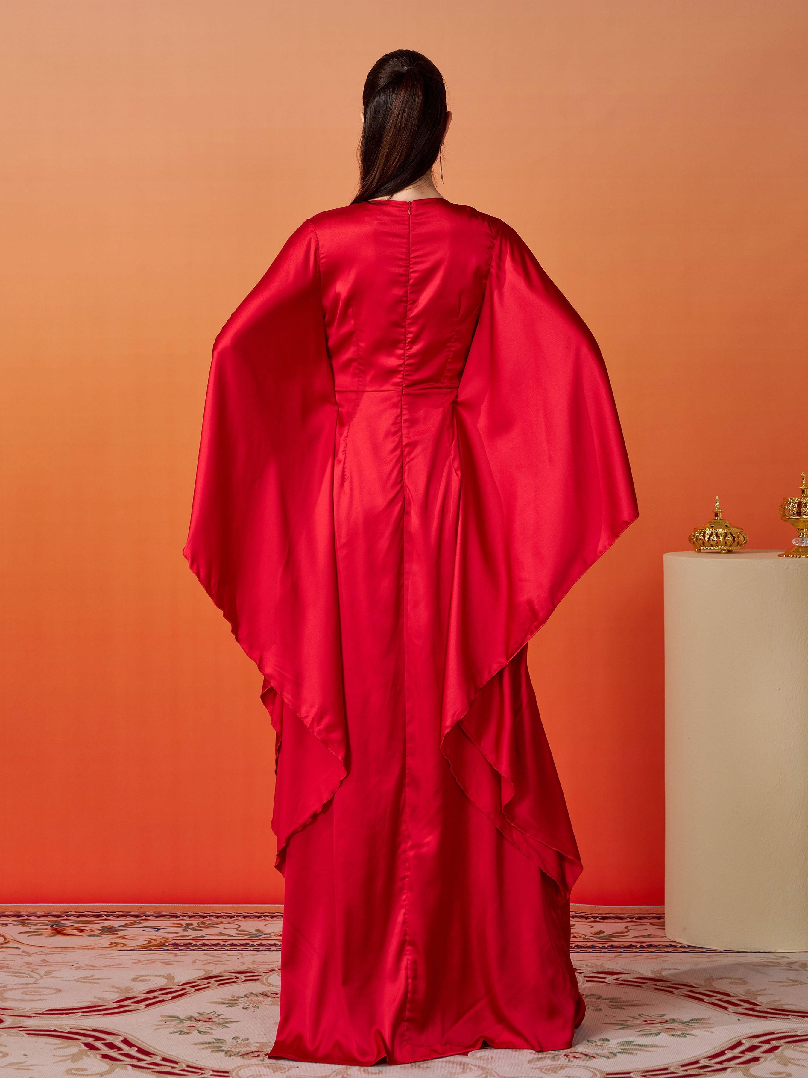 Vestido elegante de cetim com manga em V e decote em morcego MES00420