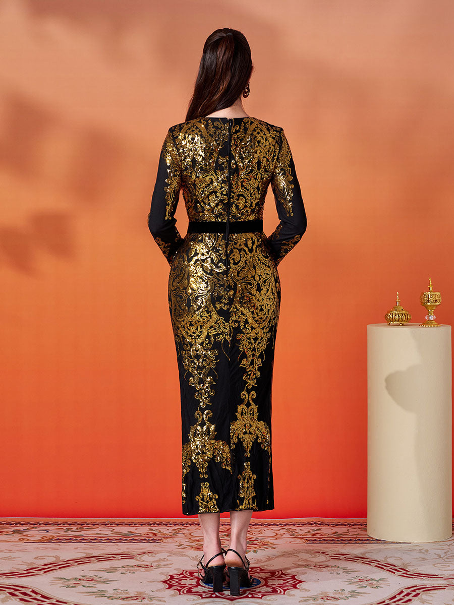 Vestido formal de cintura alta com lantejoulas em contraste MES00431
