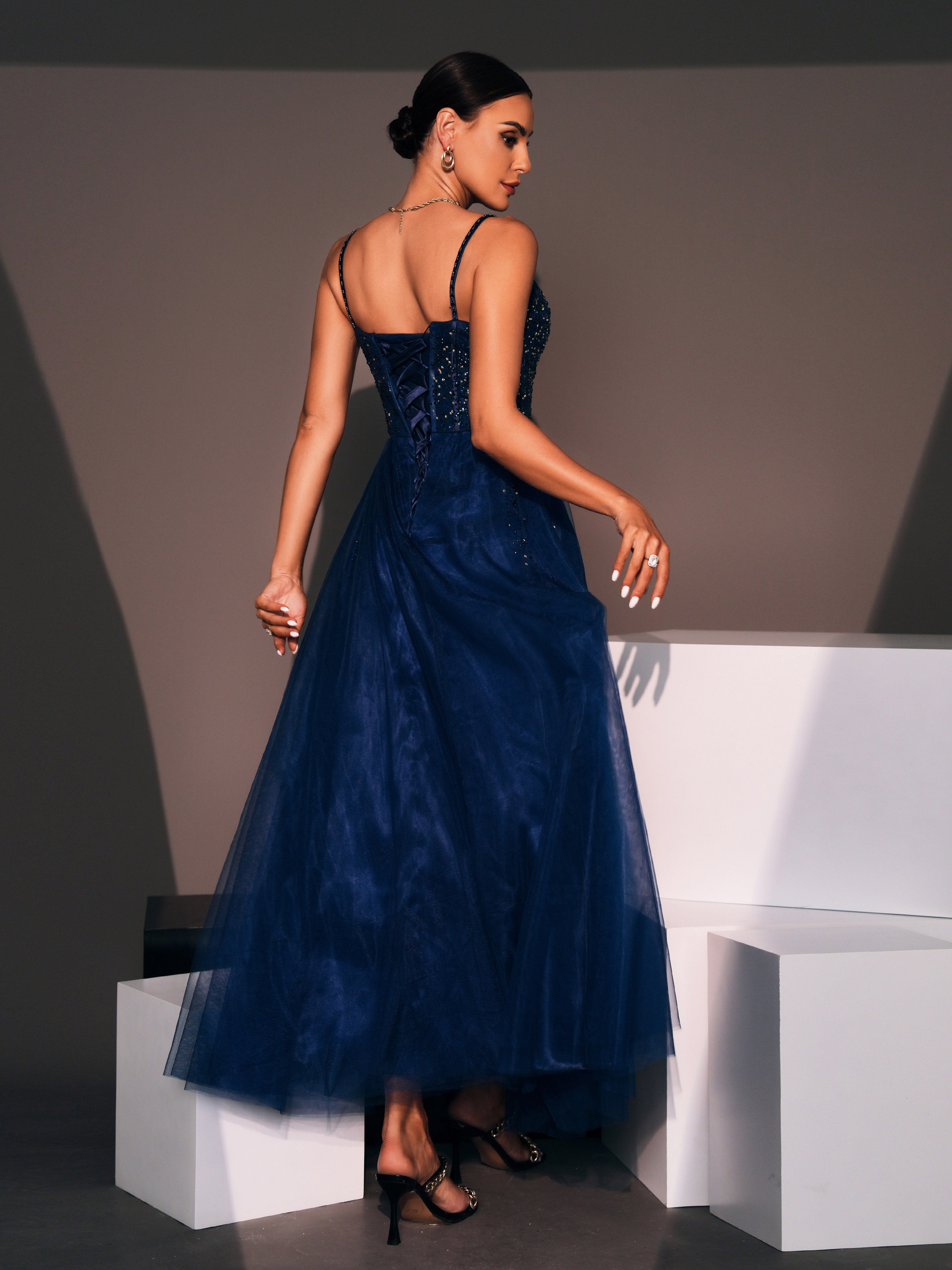GM90058 Rhinestone Spaghetti Strap Mesh Dress