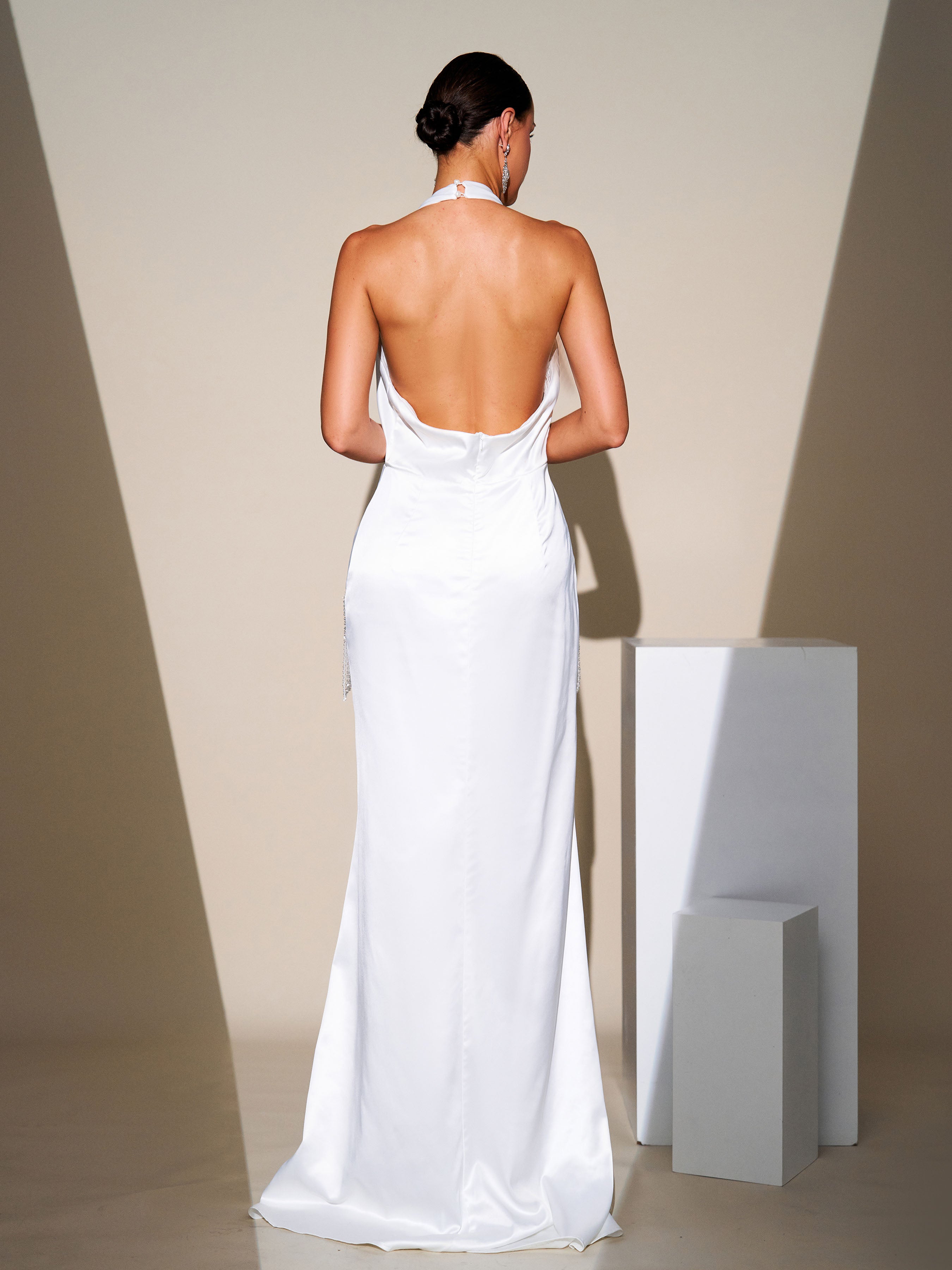 RX70011 Rhinestone Slit Backless Dress
