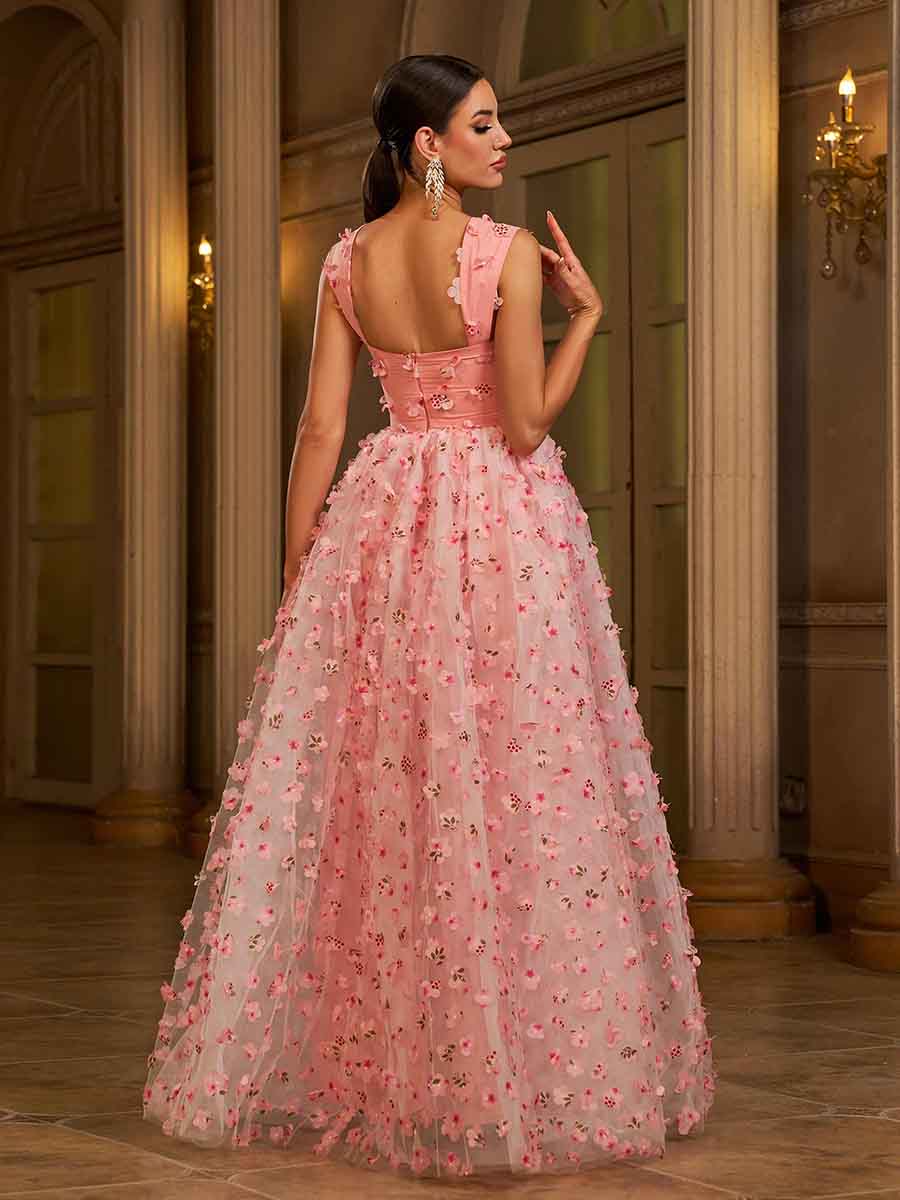Vestido de tule floral com apliques e camisola cor-de-rosa GM00142