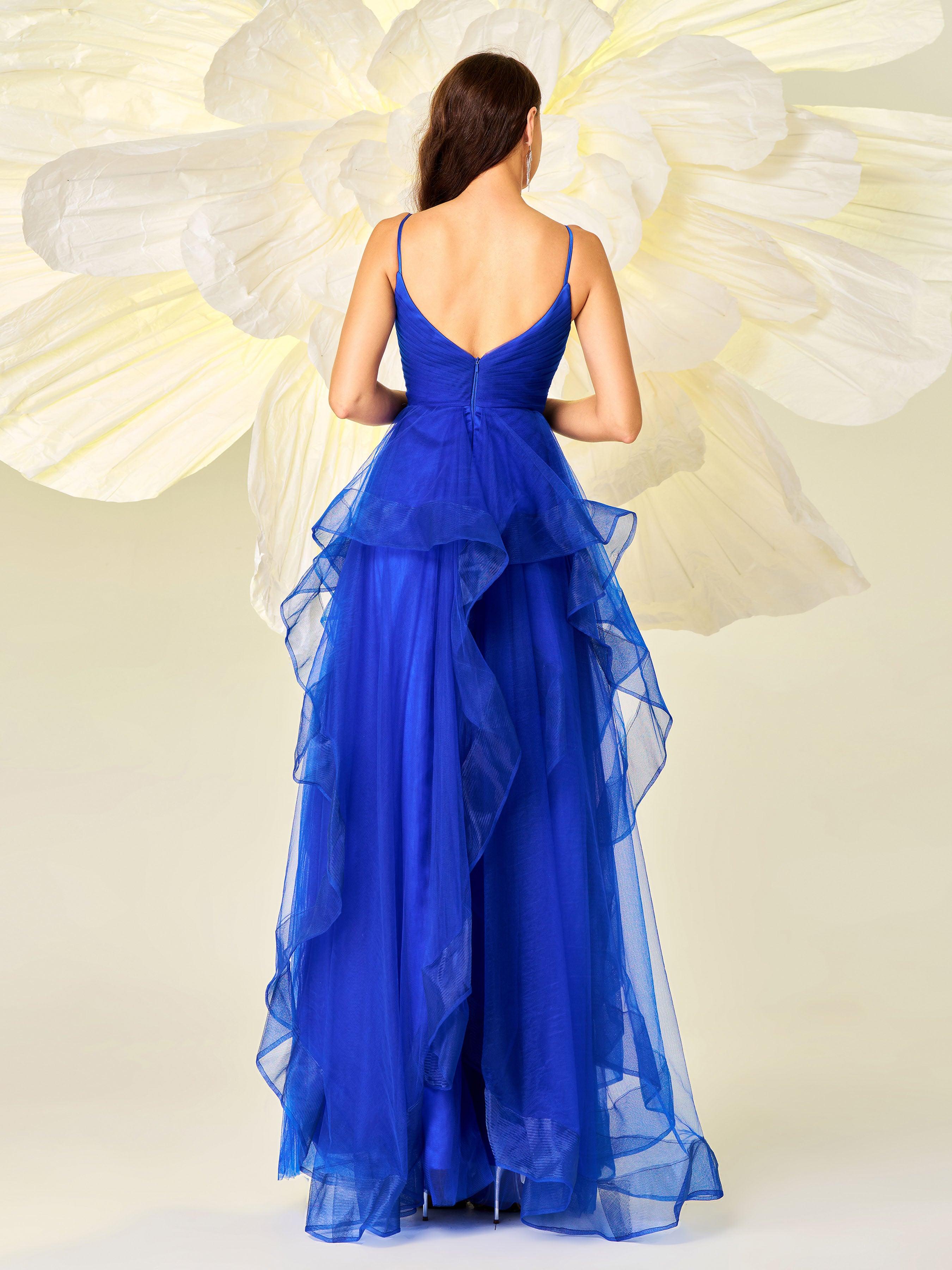 Vestido em tule com alças em espaguete e folhos em linha A GM90017