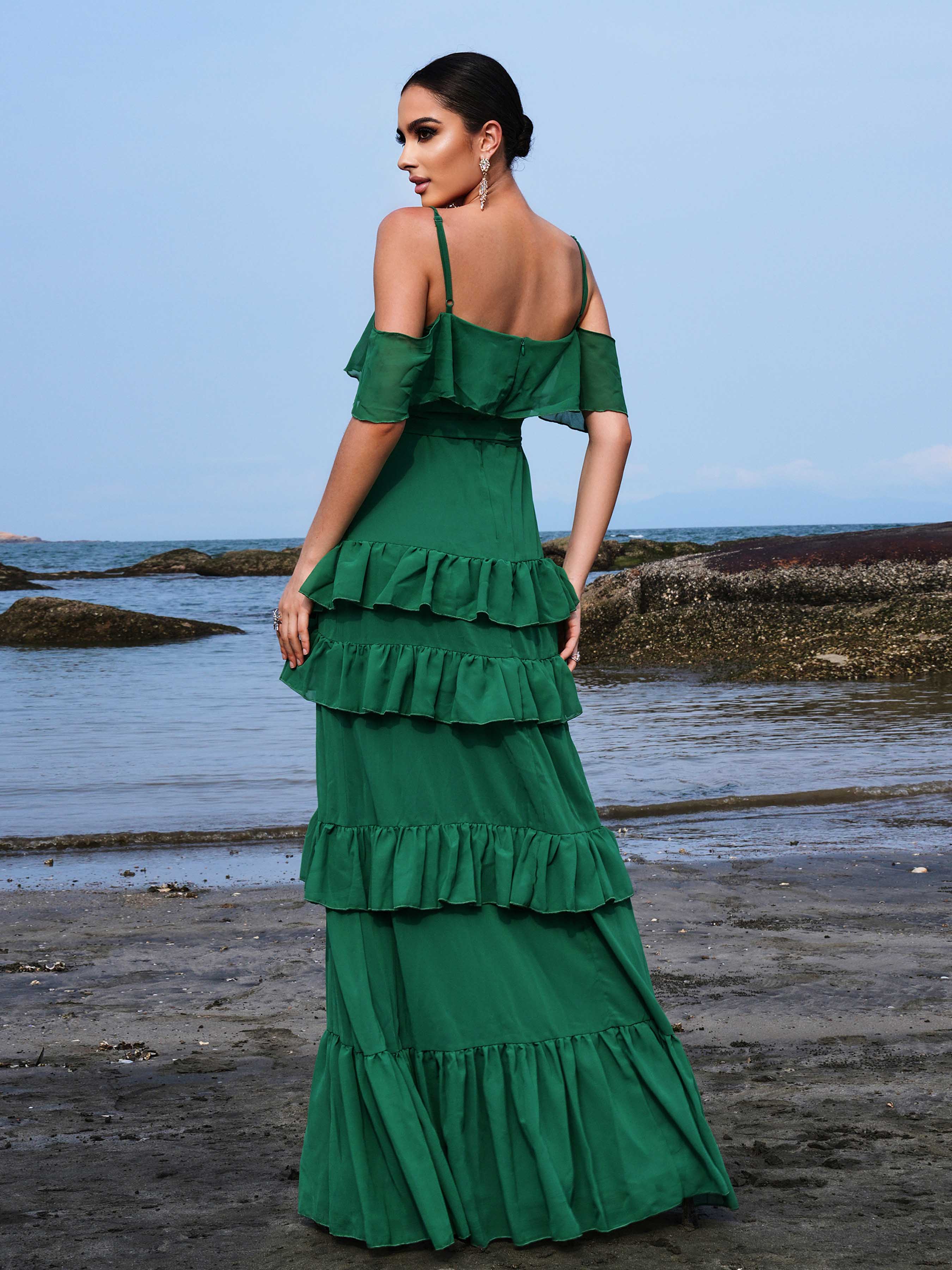 Vestido de férias em chiffon com folhos RM21299