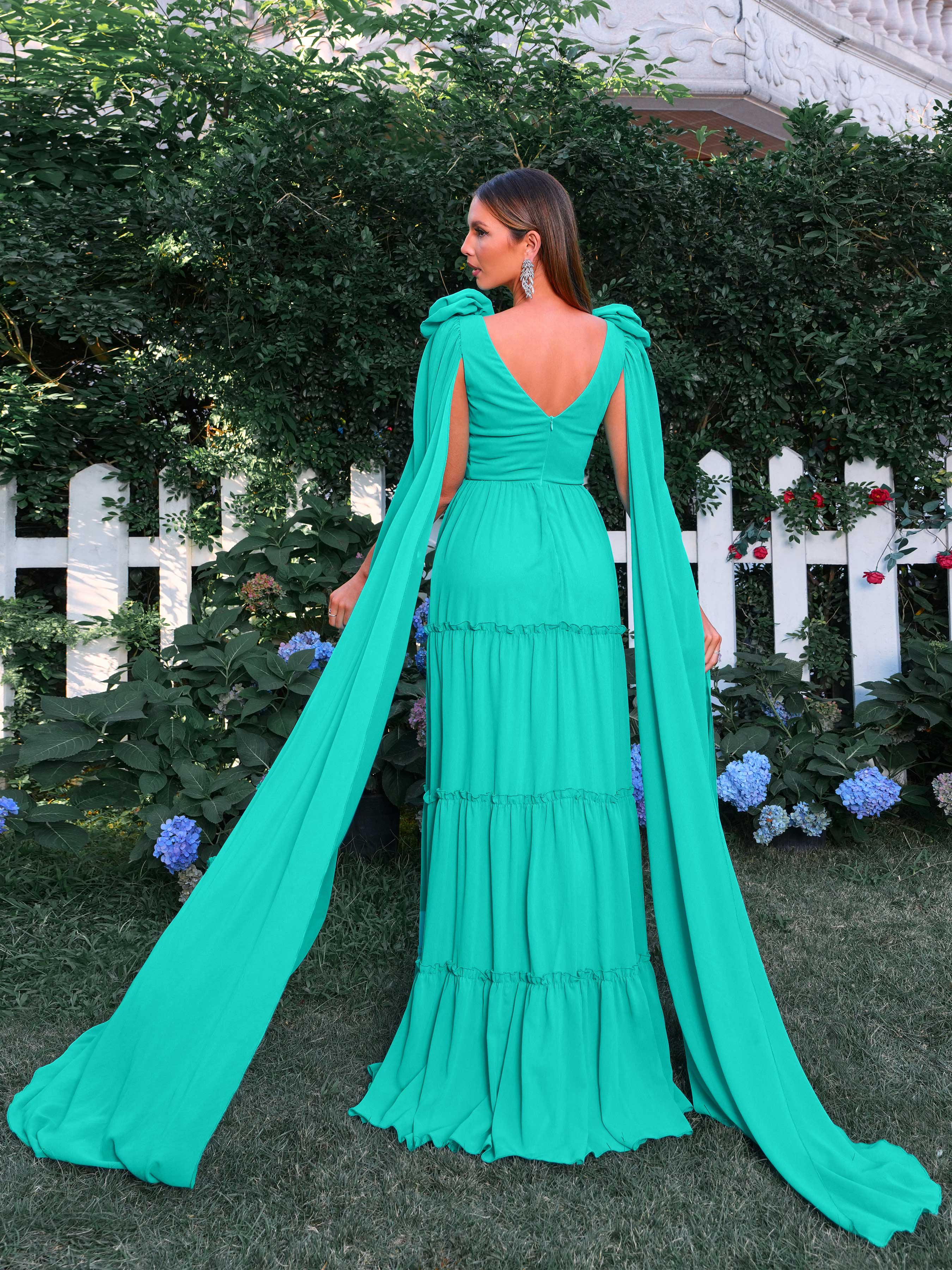 RM20770 Floral Chiffon A-Line Prom Dress med applikationer