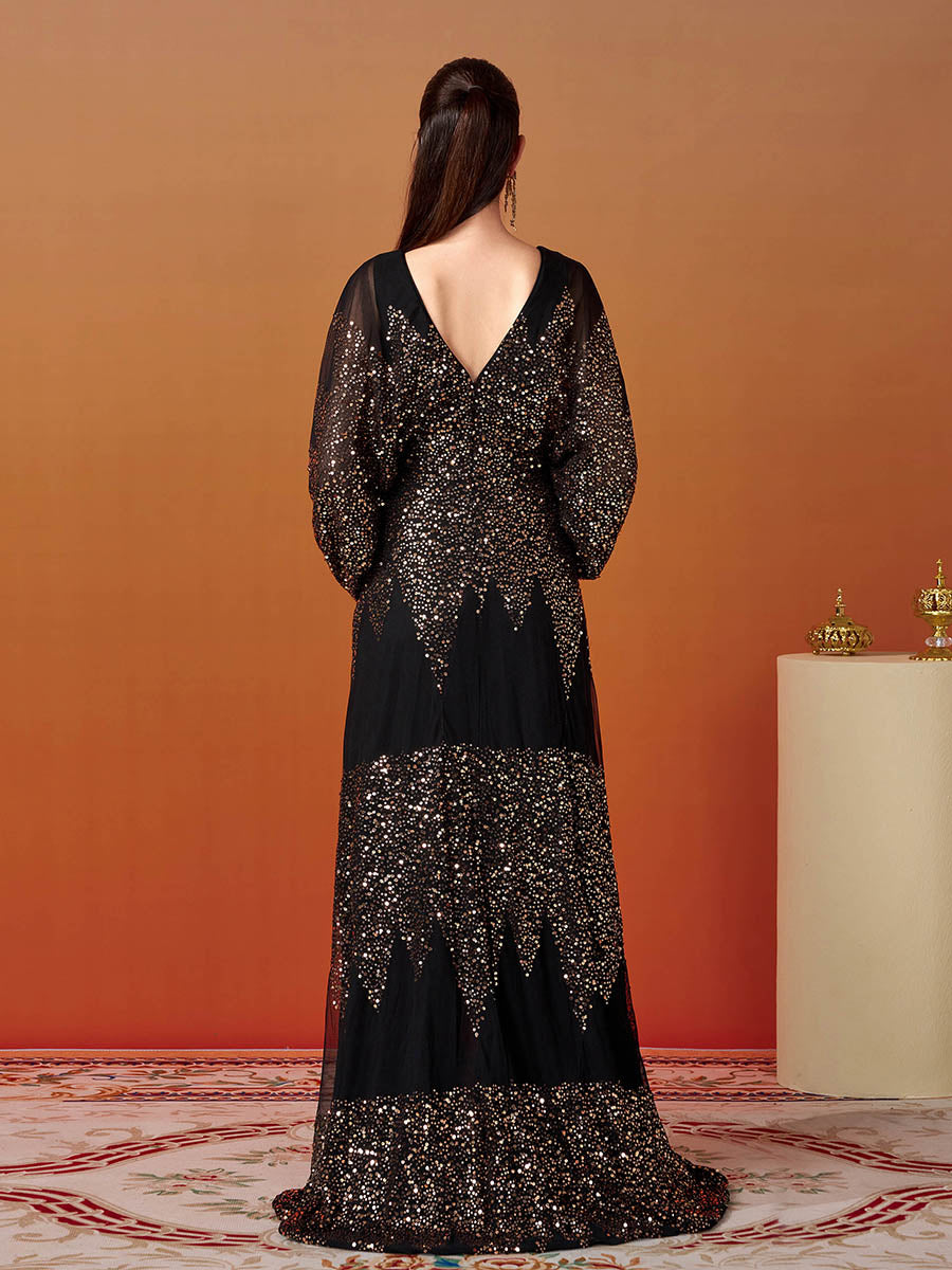 Vestido de Baile Preto com Manga Lanterna e Decote em V e Fenda Alta RM21107