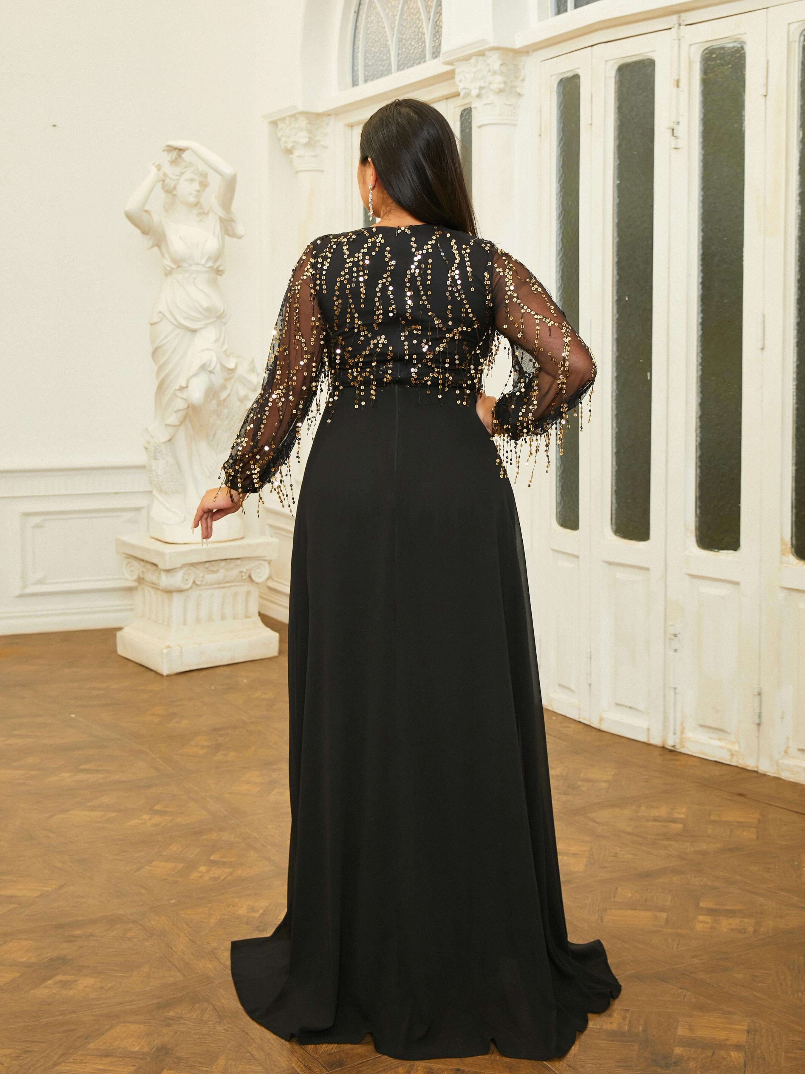Plus Size Panel V-hals A-line Prom Dress PRM20910