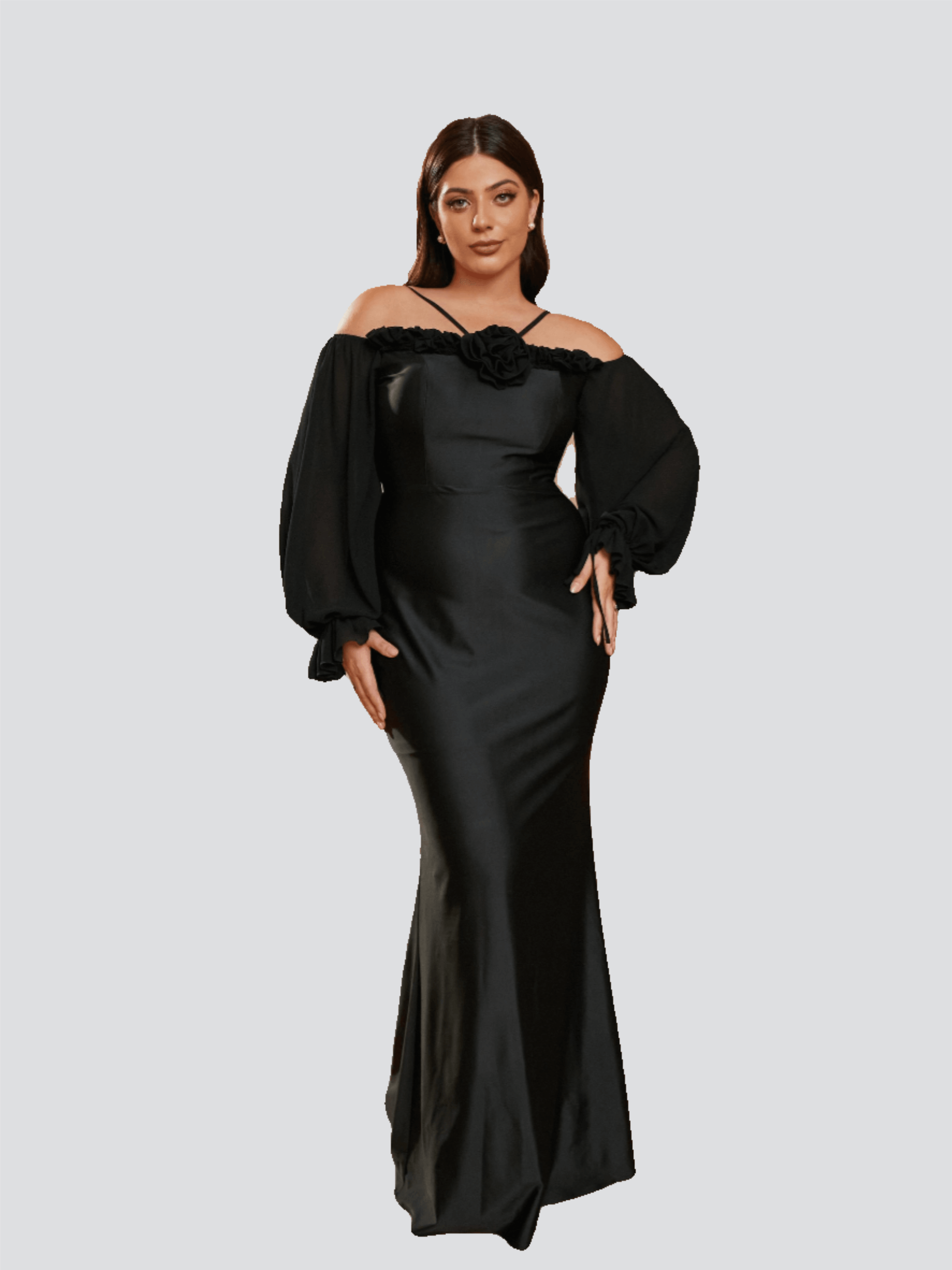 Plus Size Halter Appliqued Panel Black Prom Dress PRJ10954