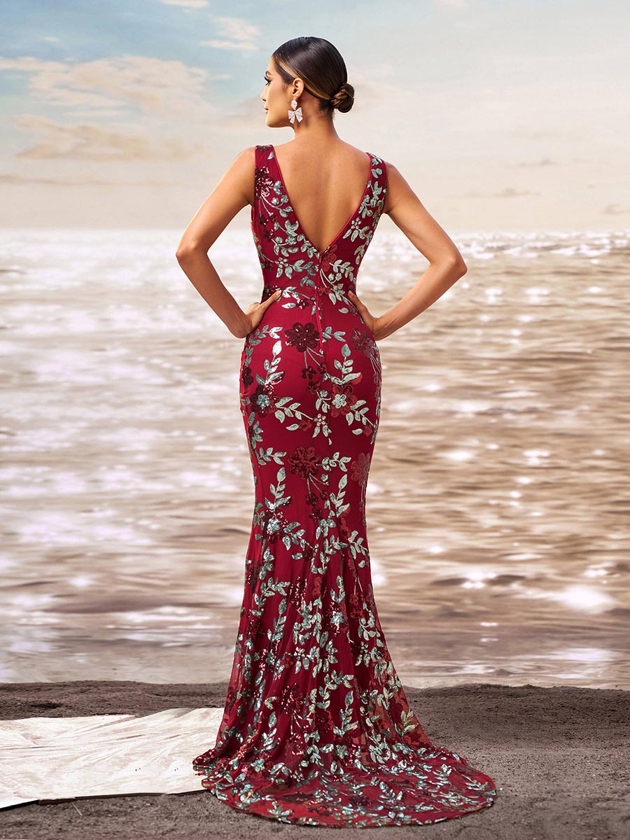 Vestido de baile sereia floral com decote em V e lantejoulas RJ10790