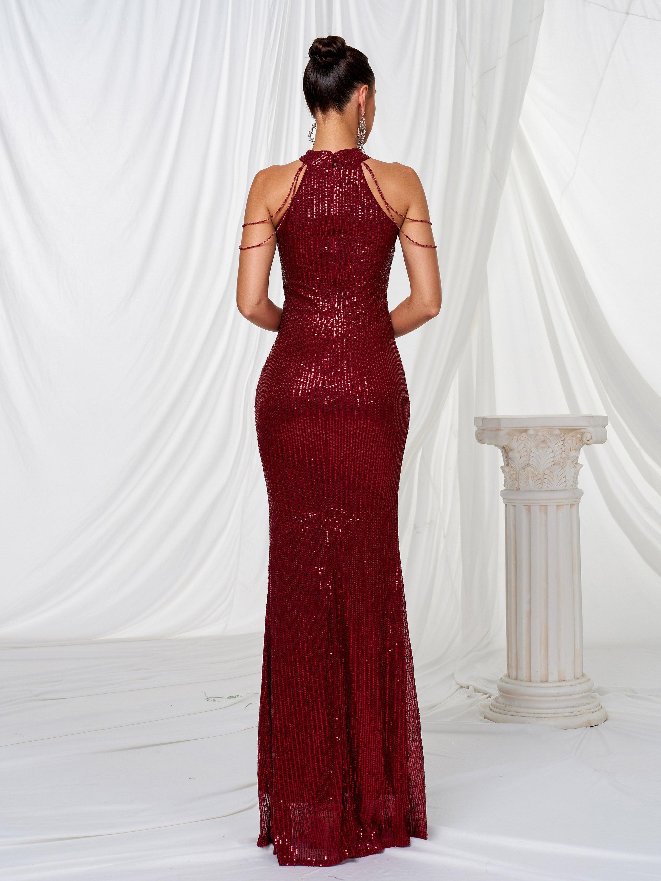 Vestido de baile formal com lantejoulas e decote haltere RJP1081