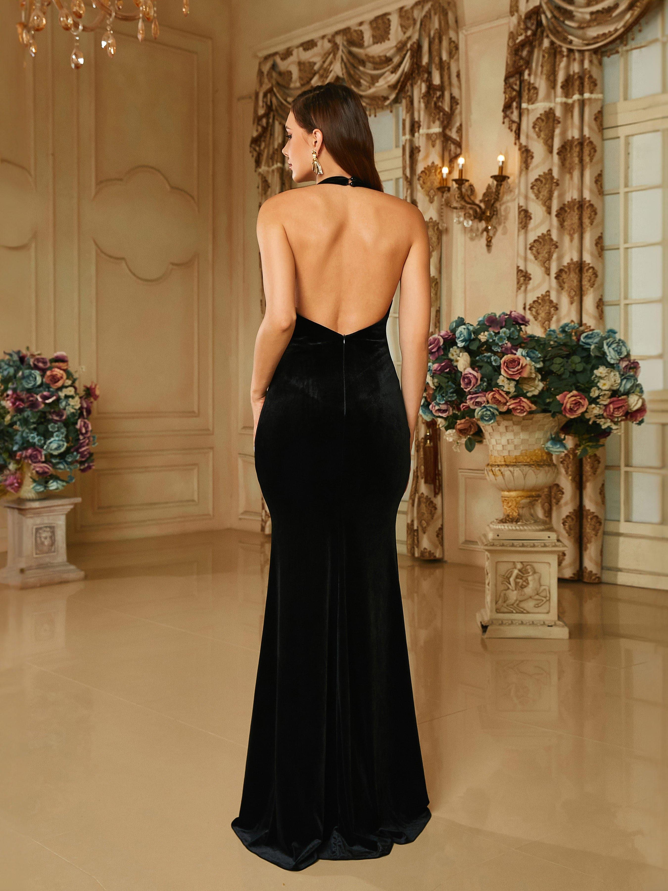Deep V-Neck Halter Velvet Black Aftenkjole RJ10421