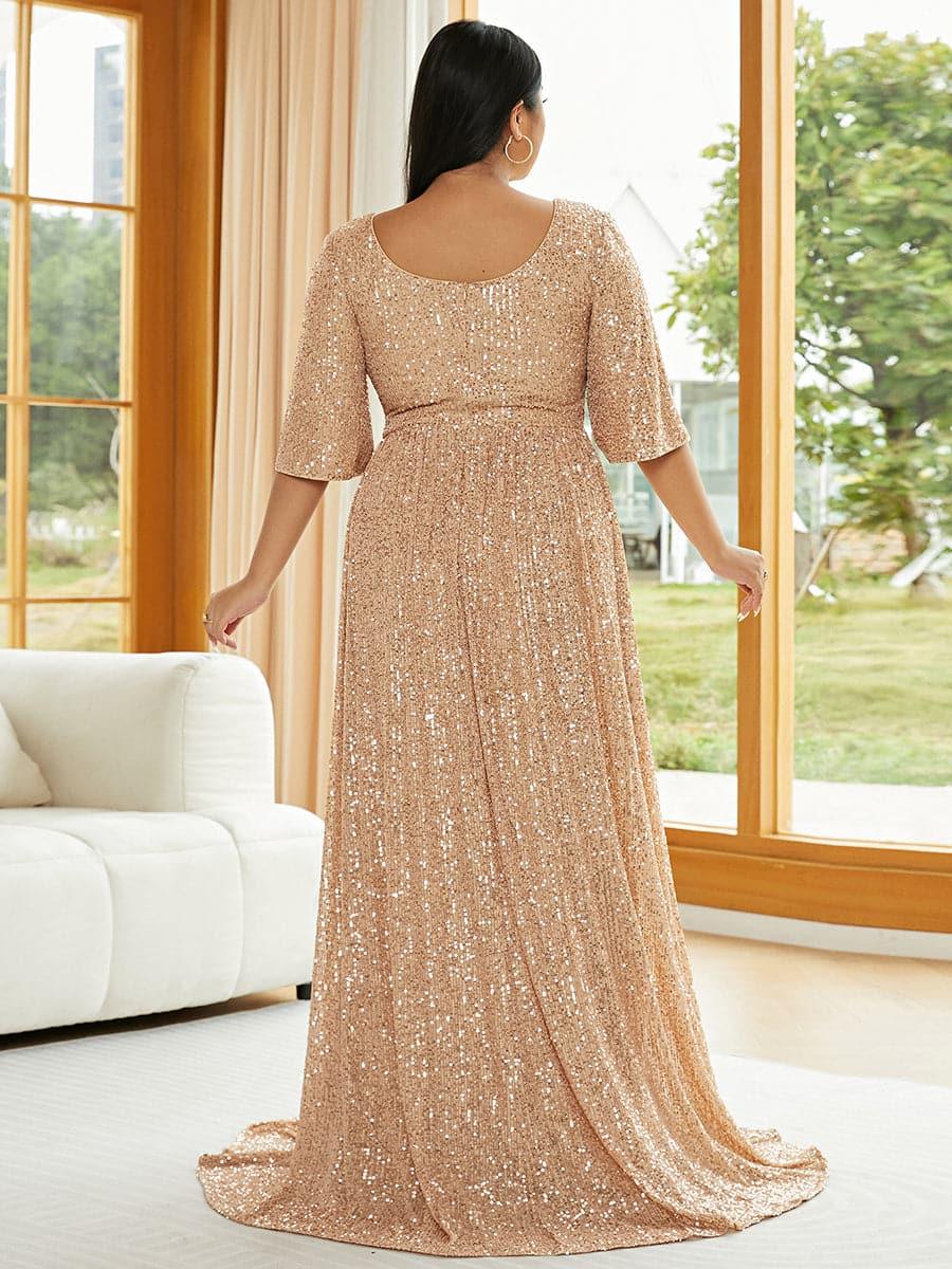 Plus V Neck Sequin Apricot Aftenkjole PXJ2647