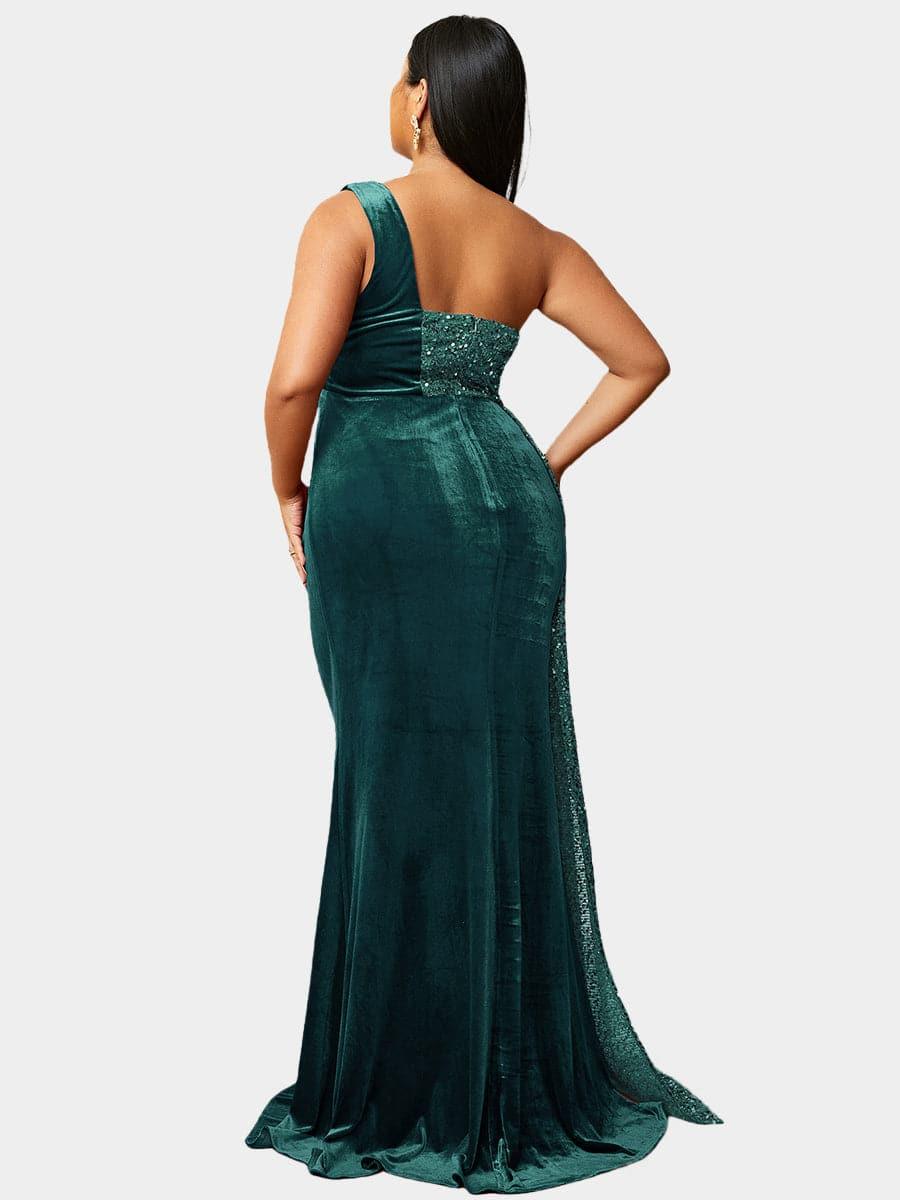 Vestido de baile de lantejoulas drapeado com um ombro, borgonha, tamanho grande PXH2356