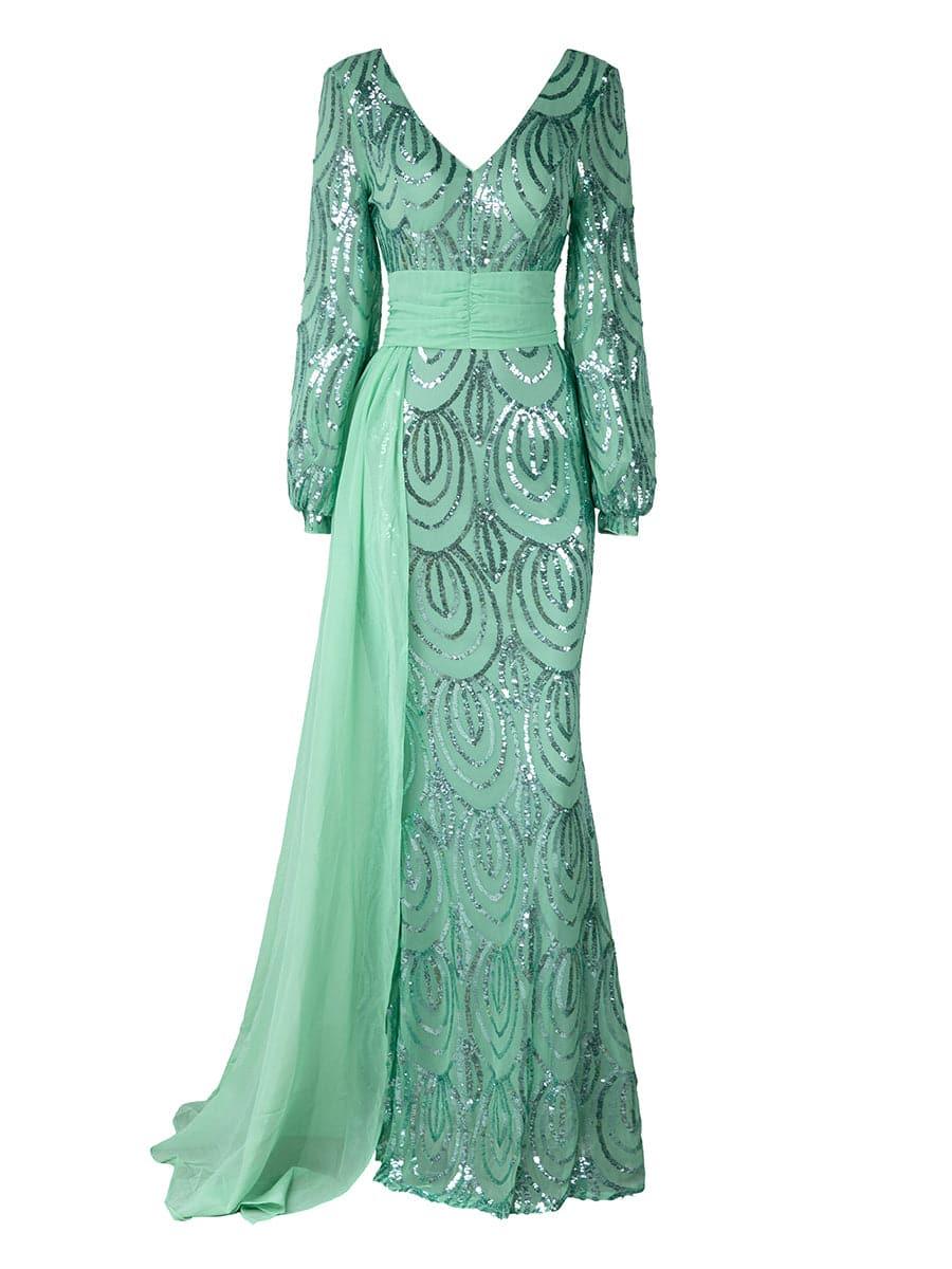 Vestido formal drapeado com lantejoulas e manga comprida XJ1524