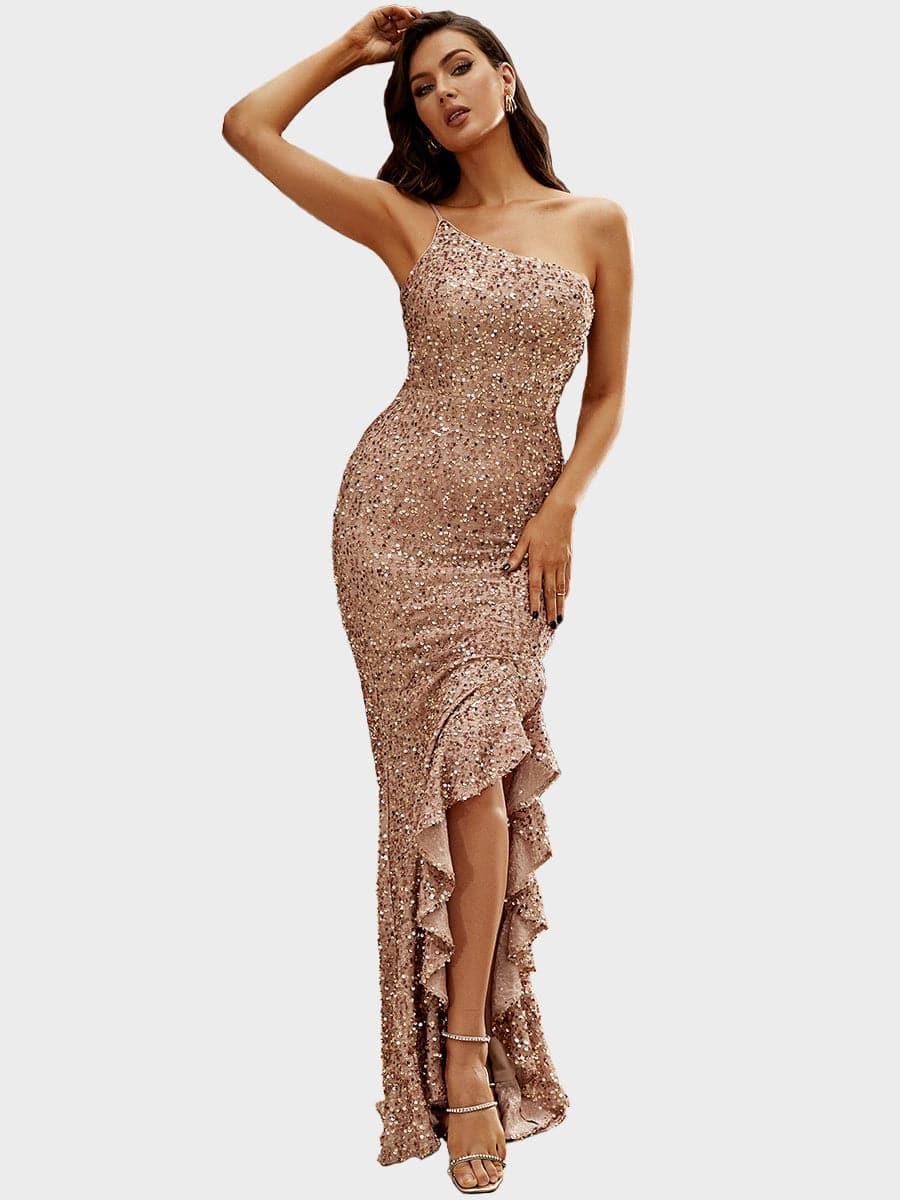 Vestido de baile com lantejoulas douradas e alças em espaguete XJ1763