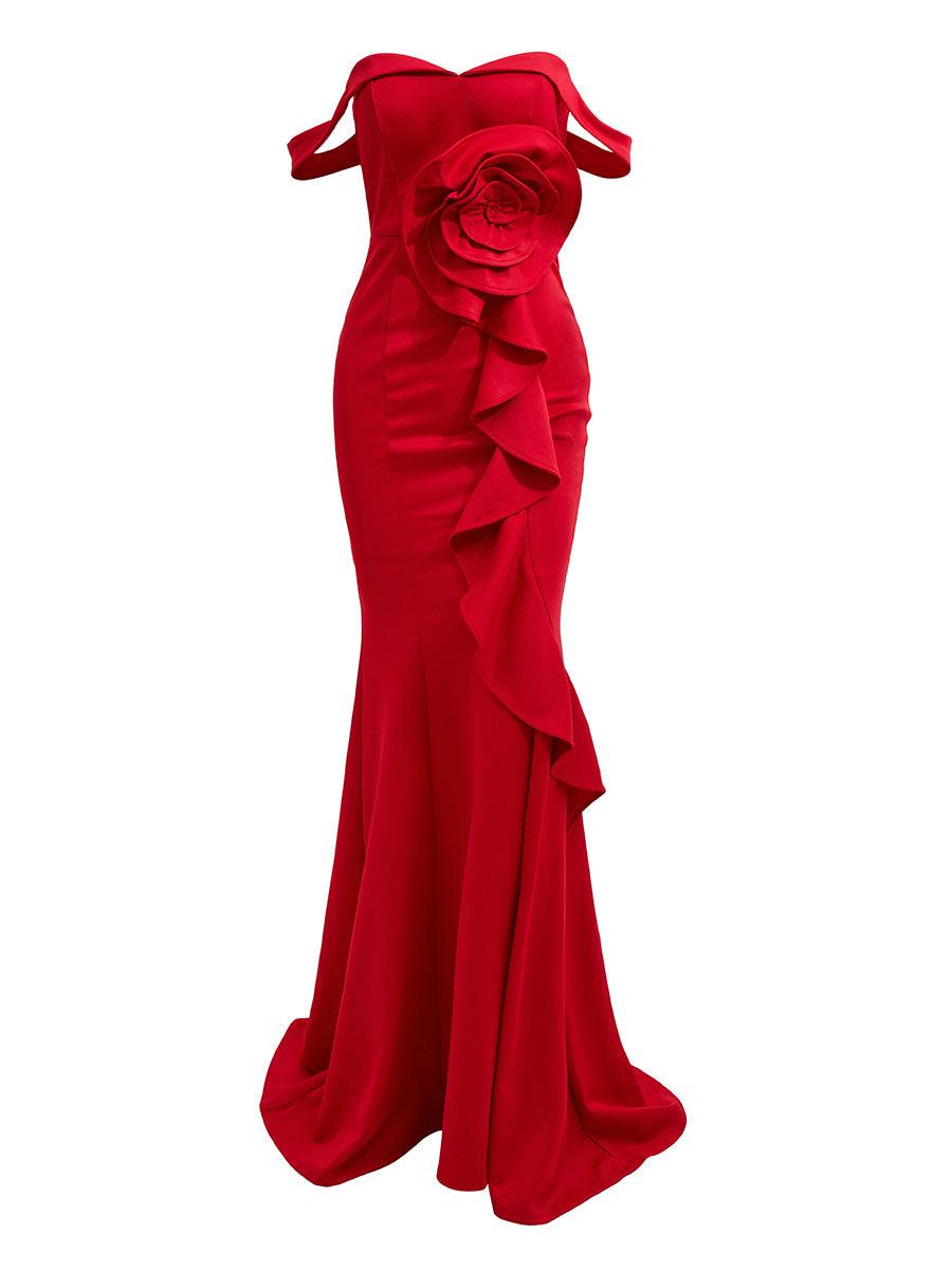 Vestido de noite com folhos e ombros descobertos M02117