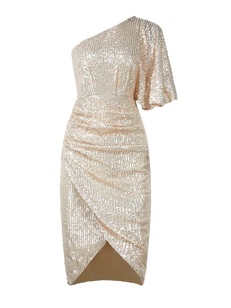 Vestido de cocktail midi com lantejoulas num ombro só XH2024
