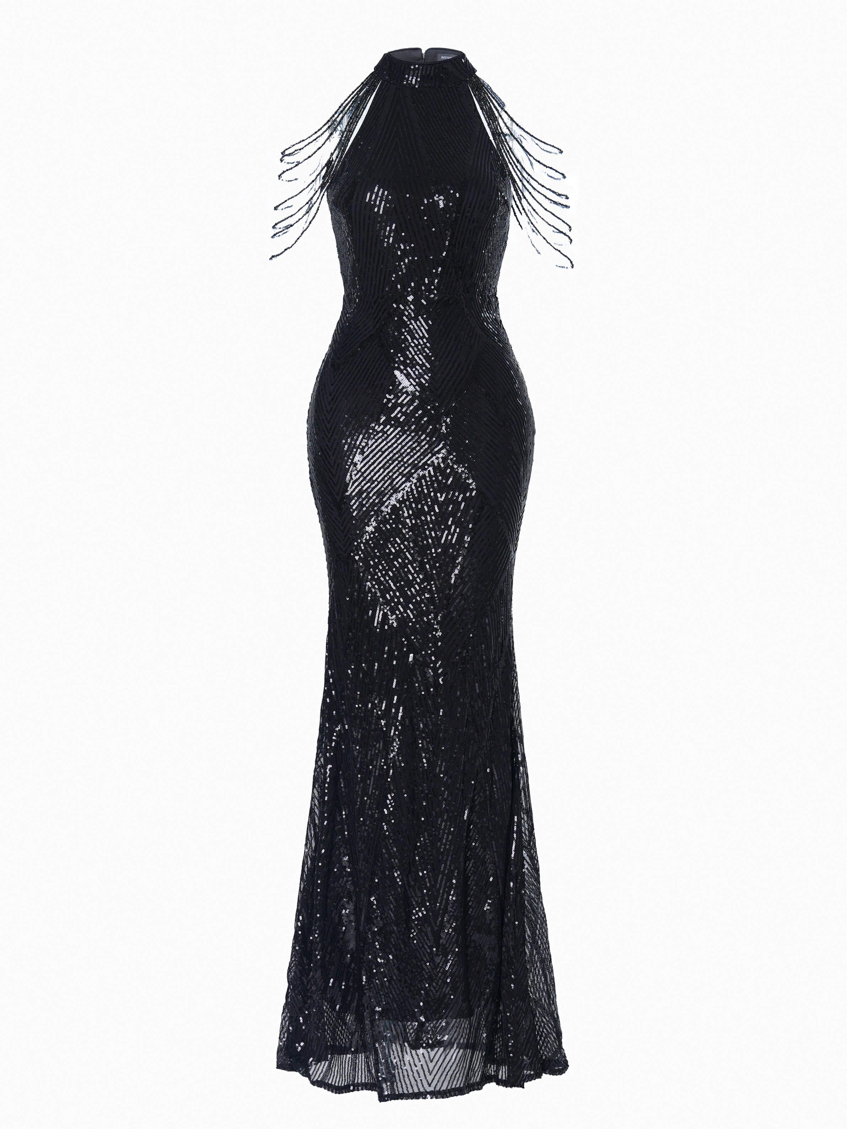 Off-the-shoulder cocktailkjole med perlekæde M01081
