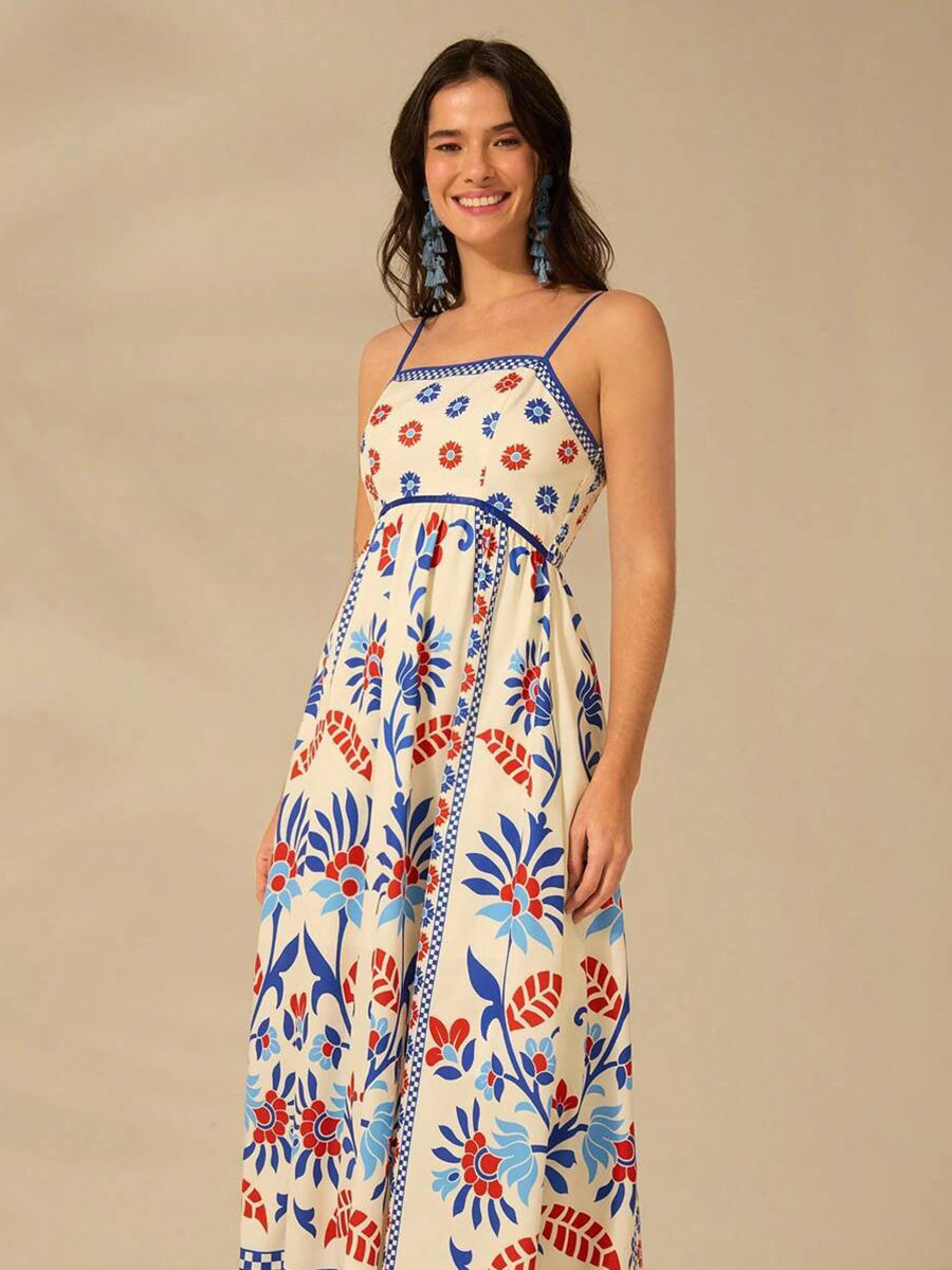 Graphic Printed Shirred Loose Vacation Dress YF25531