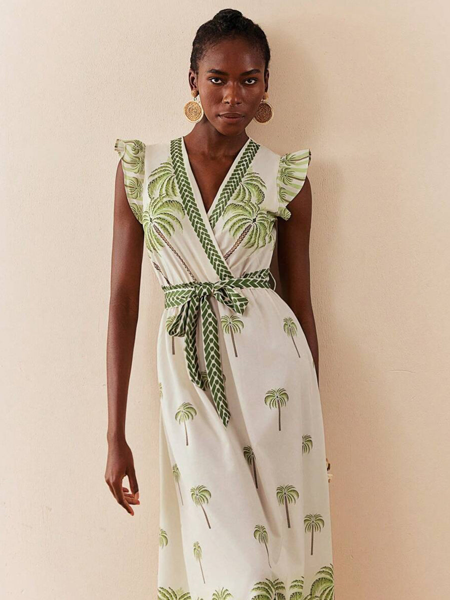 Wrap Ruffled Printed Plants Vacation Dress YF25538