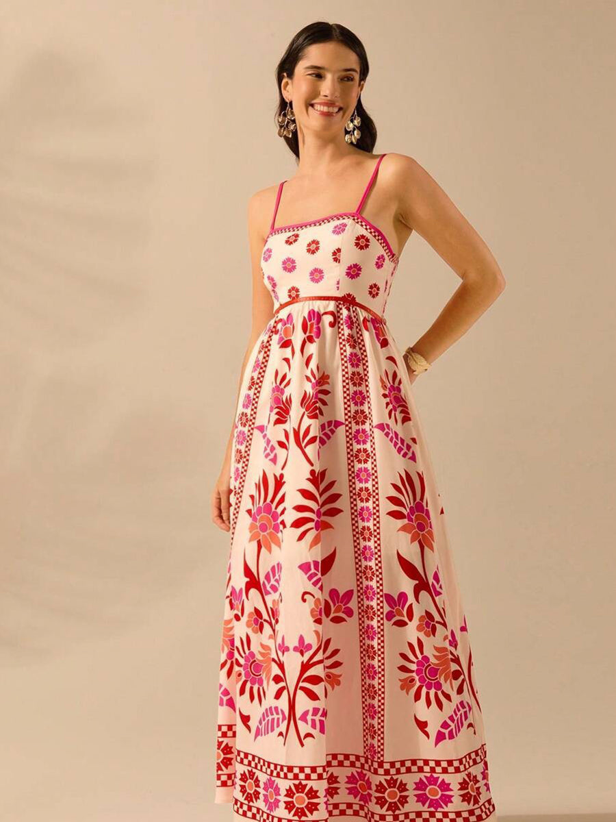 Vestido de férias em linha A vermelho com estampado tropical YF25531