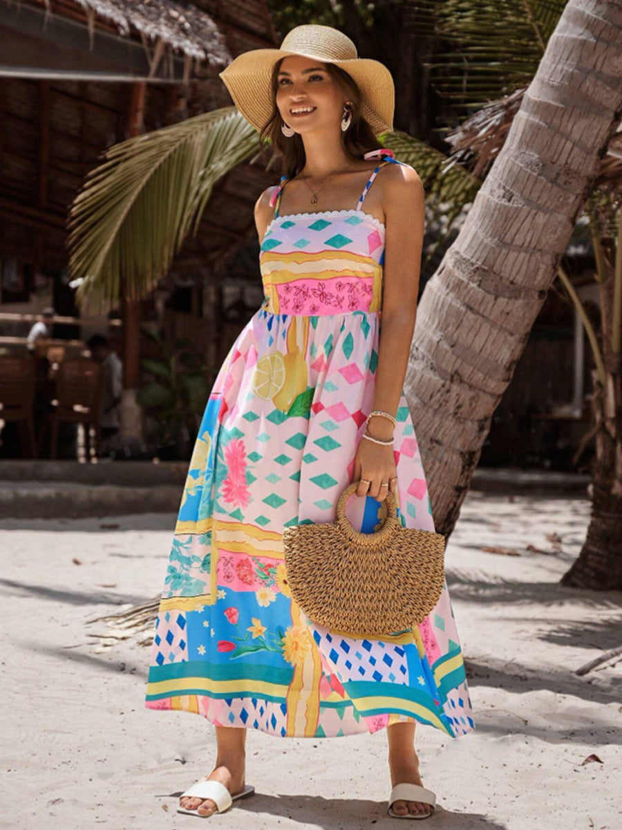 Spaghetti Catoon Print A-line Vacation Dress YF25530