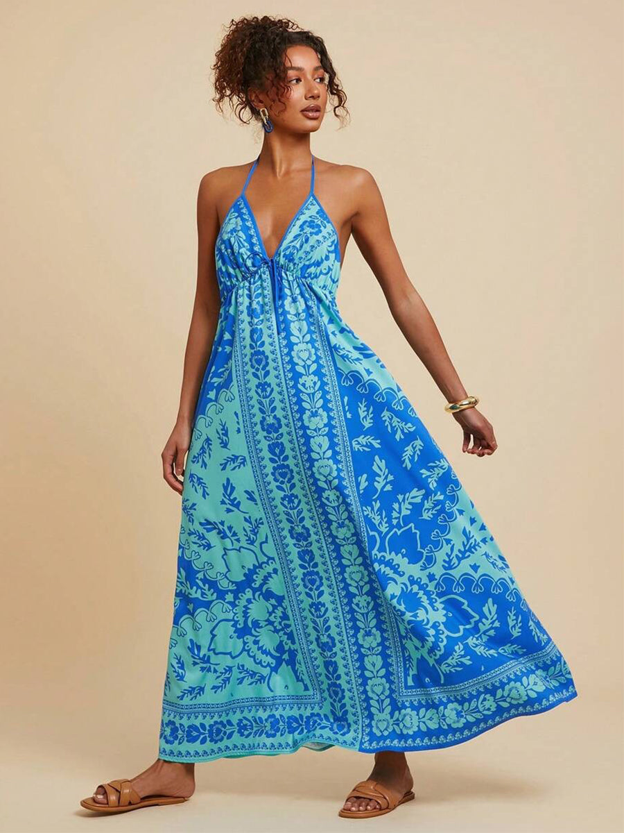 Blå Tribal Halter Backless Vacation Dress YF25526
