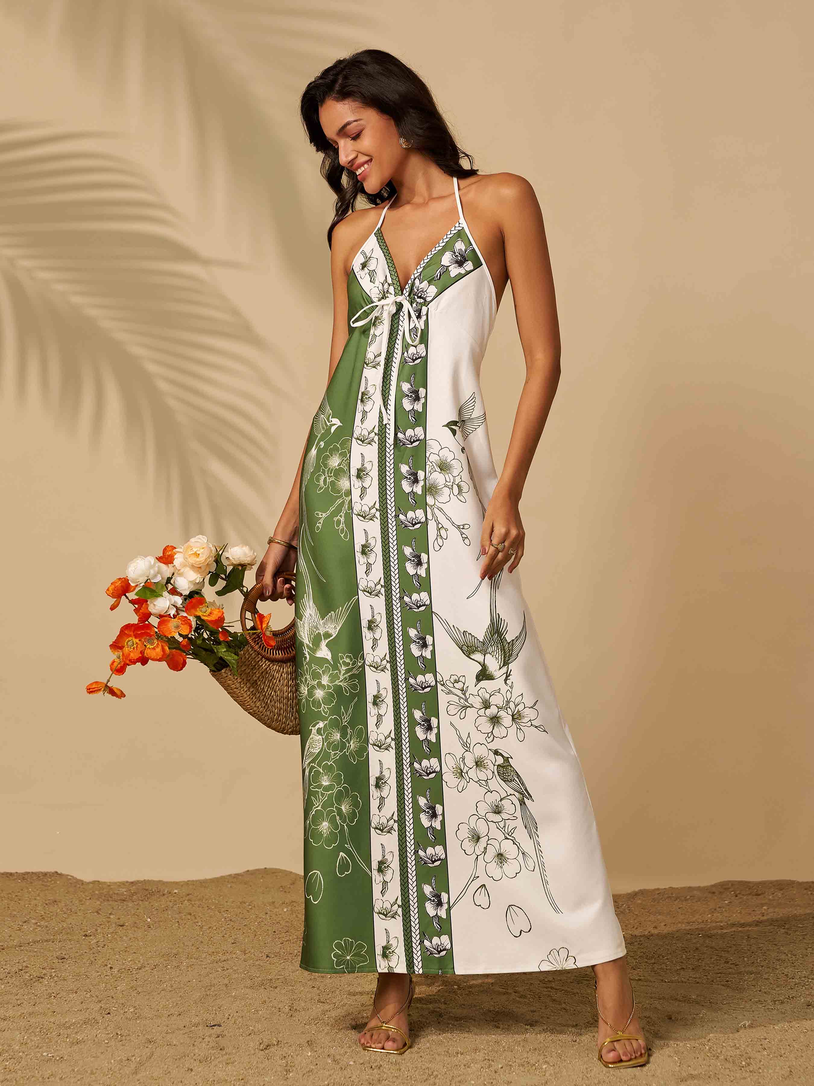Vestido de férias sem costas estampado em blocos de cores verdes SX40053