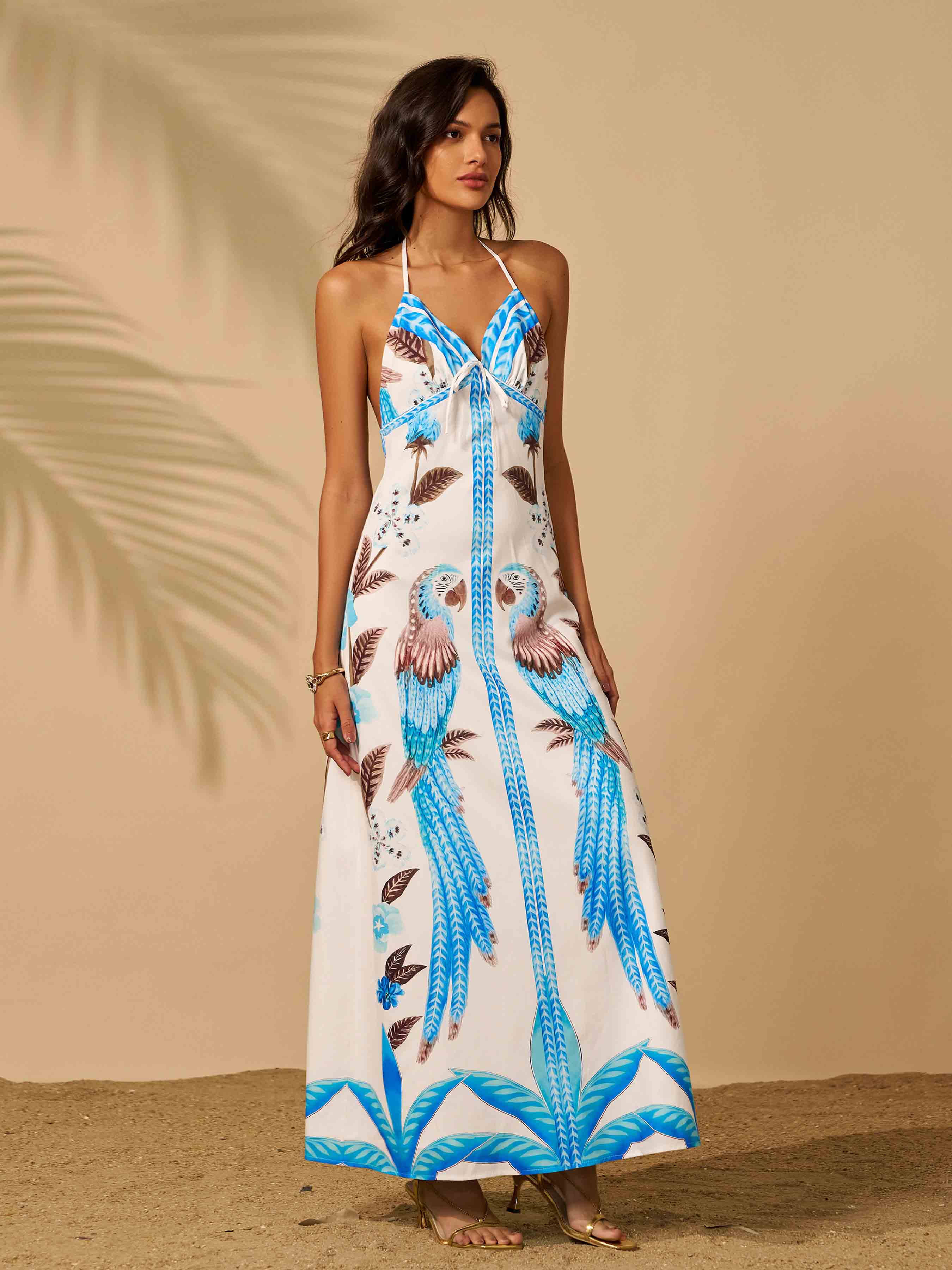 Blue Parrot Halter Backless Vacation Dress RX70478