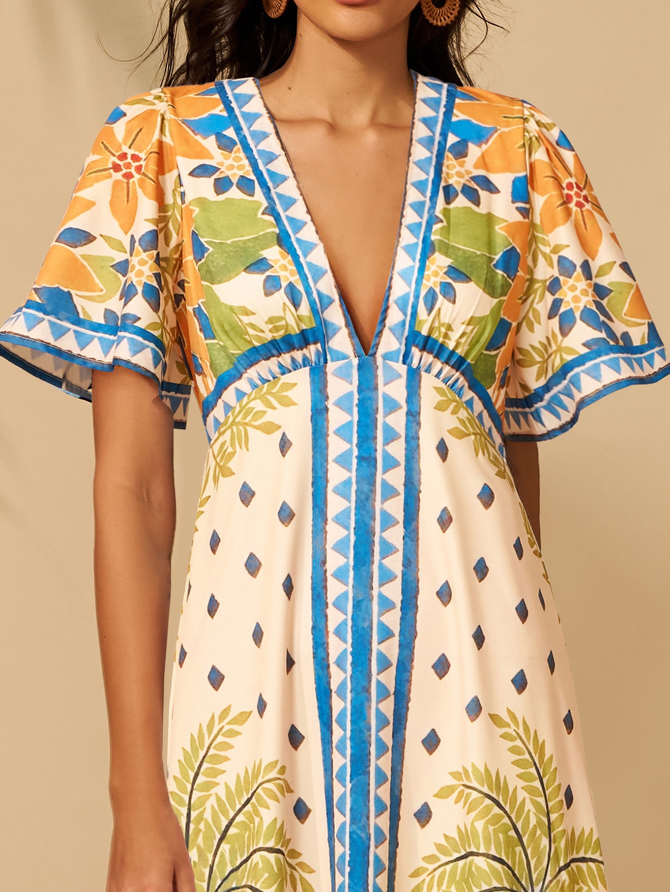 V-hals Coconut Tree Floral Vacation Dress RX70487