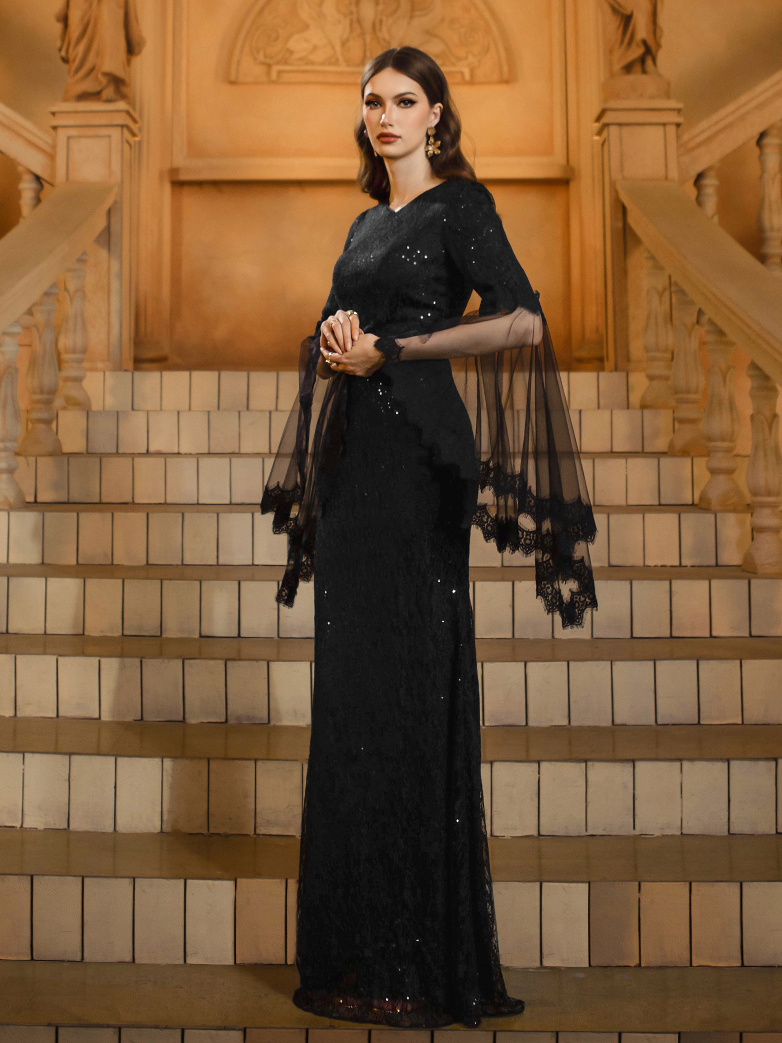 Sort V-udskæring Gothic Sequin Prom Dress DH80410