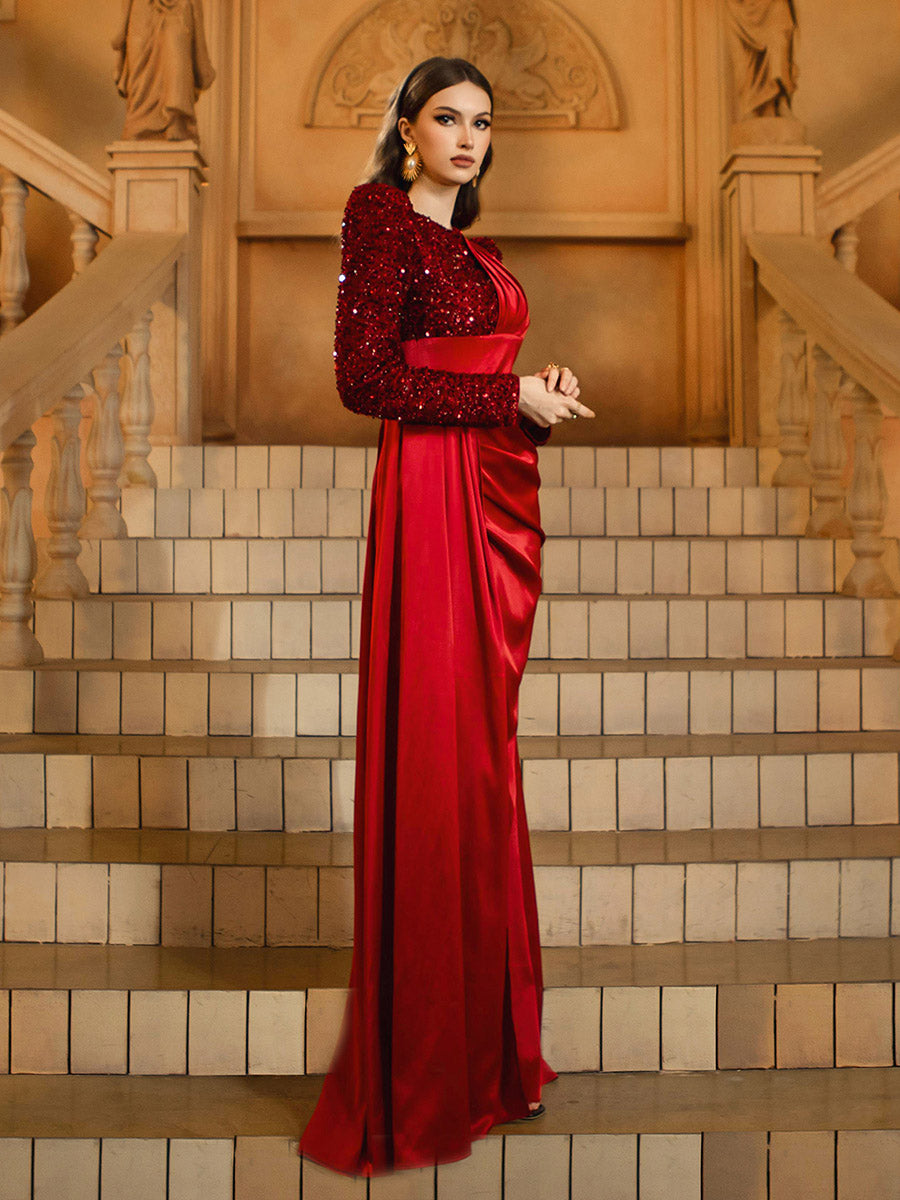 Vestido de Baile de Manga Comprida Ruched com Painel Vermelho DH80422