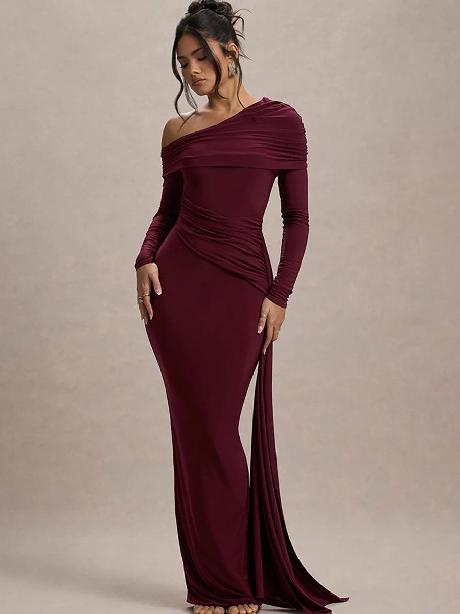 MYC2024 Solid Ruched Boat Neck Ribbon Prom Dress