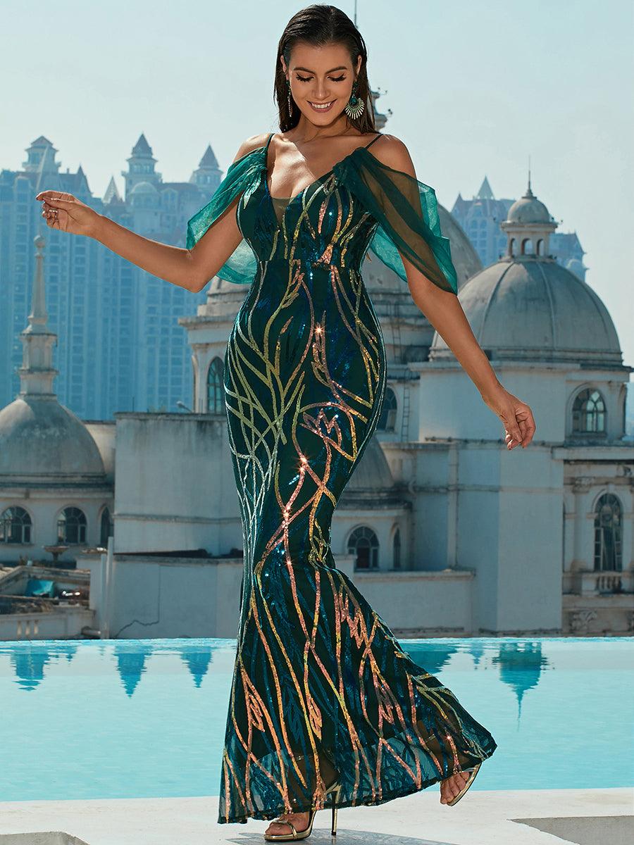 Graphic Prom Dress med kolde skuldre og pailletter M02040