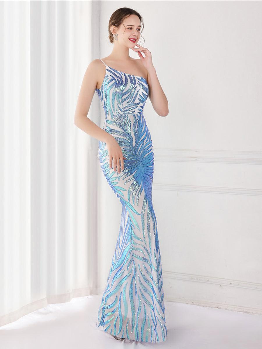 One Shoulder Sequin Graphic Mermaid Cocktail Dress MYC2002