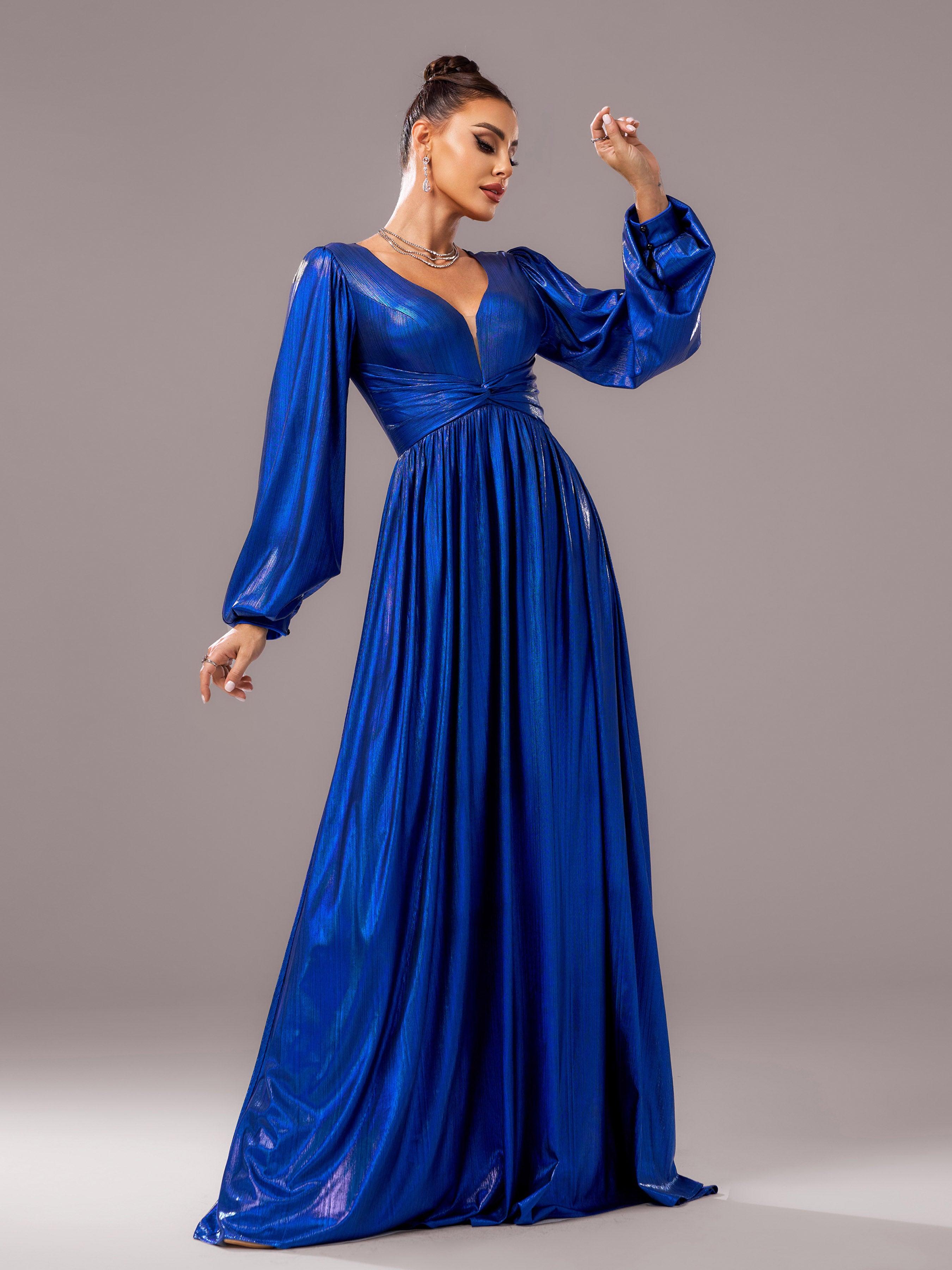 Blå V-udskæring Langærmet A-line Prom Dress DH80273