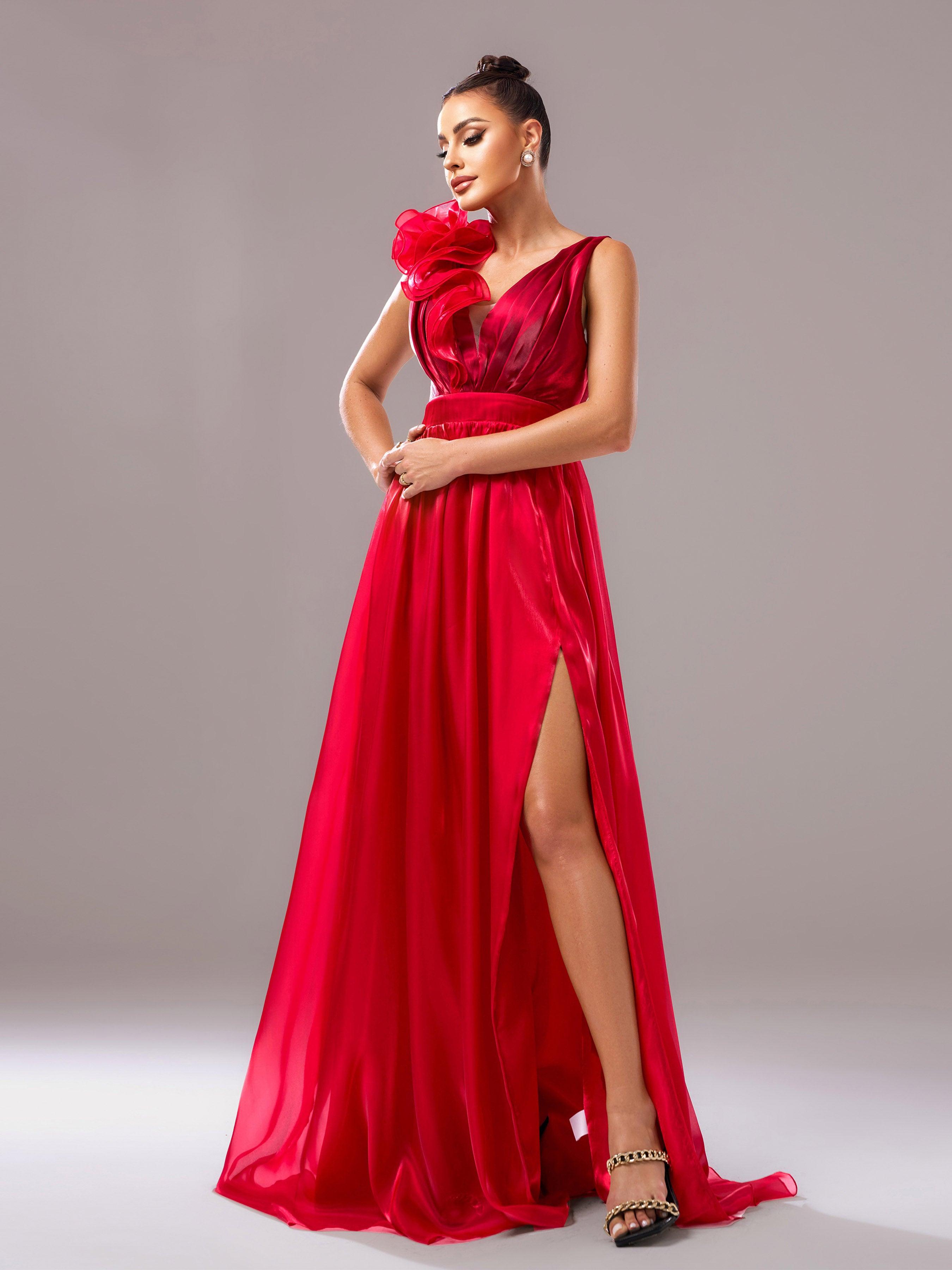 Vestido de noite vermelho de cetim floral com decote em V e corte em A GZ60108