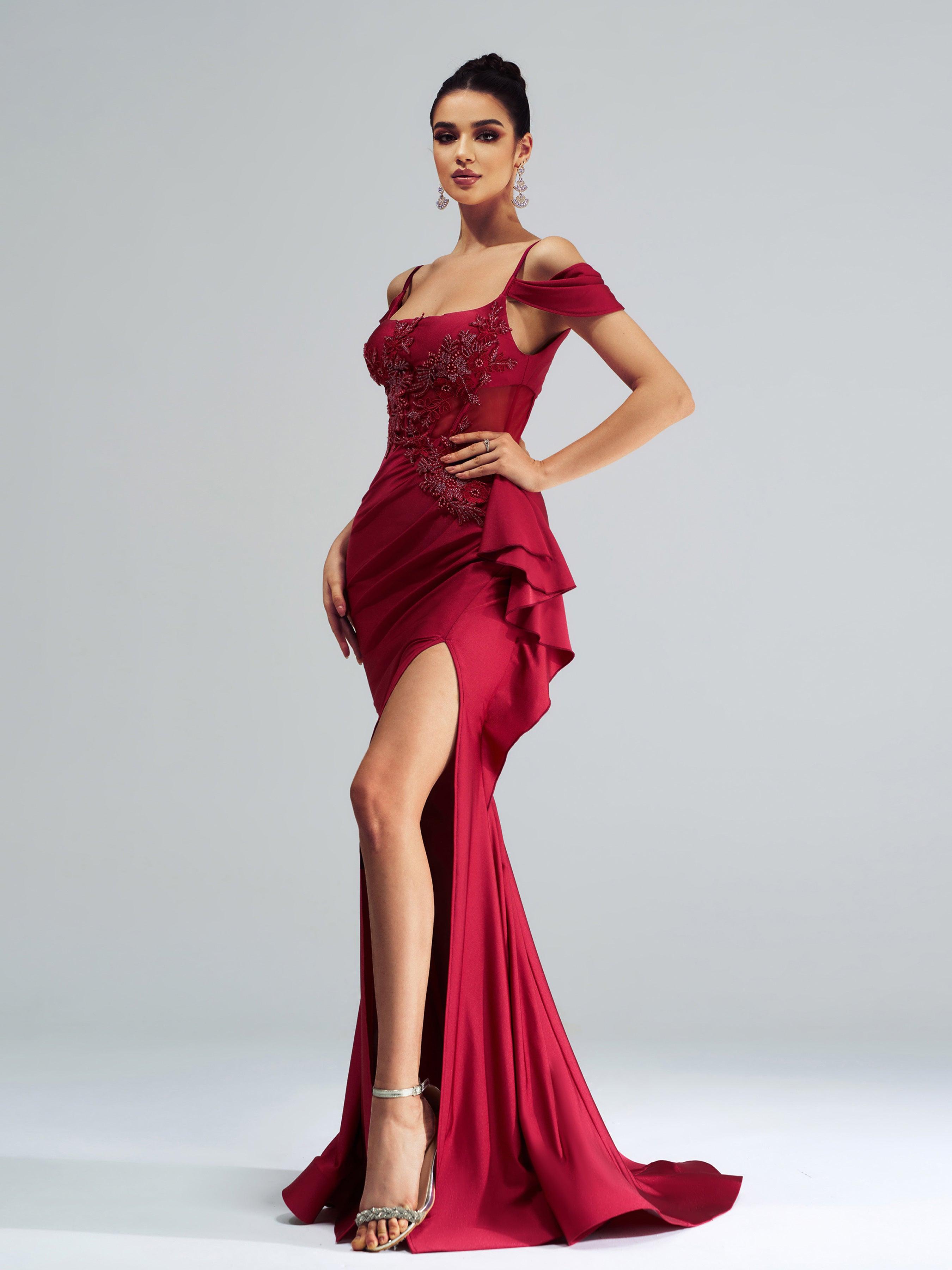 Vestido de baile sereia bordado vermelho com folhos DH80253