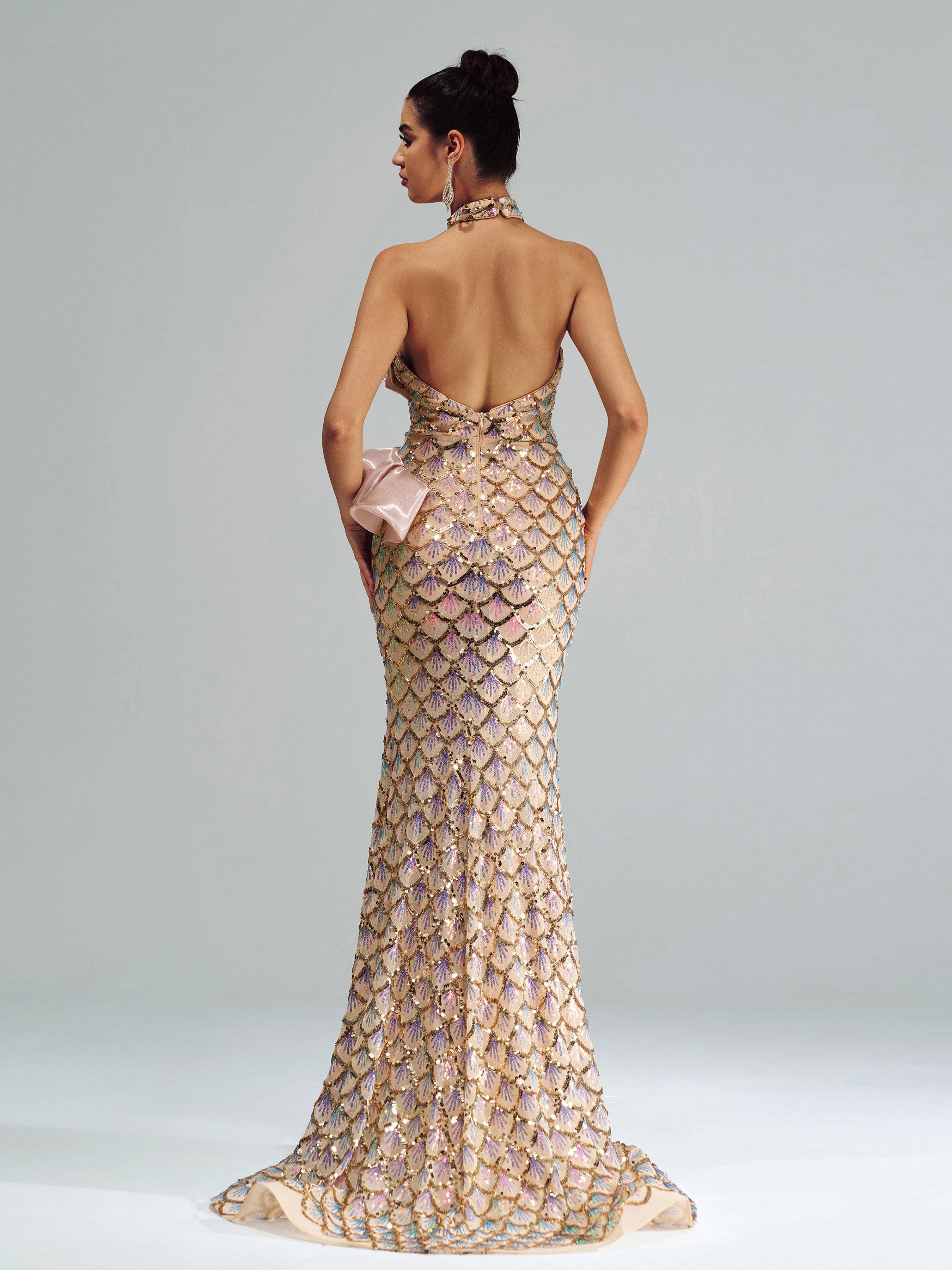 Mermaid Floral Sequin Backless Evening Dress DH80204