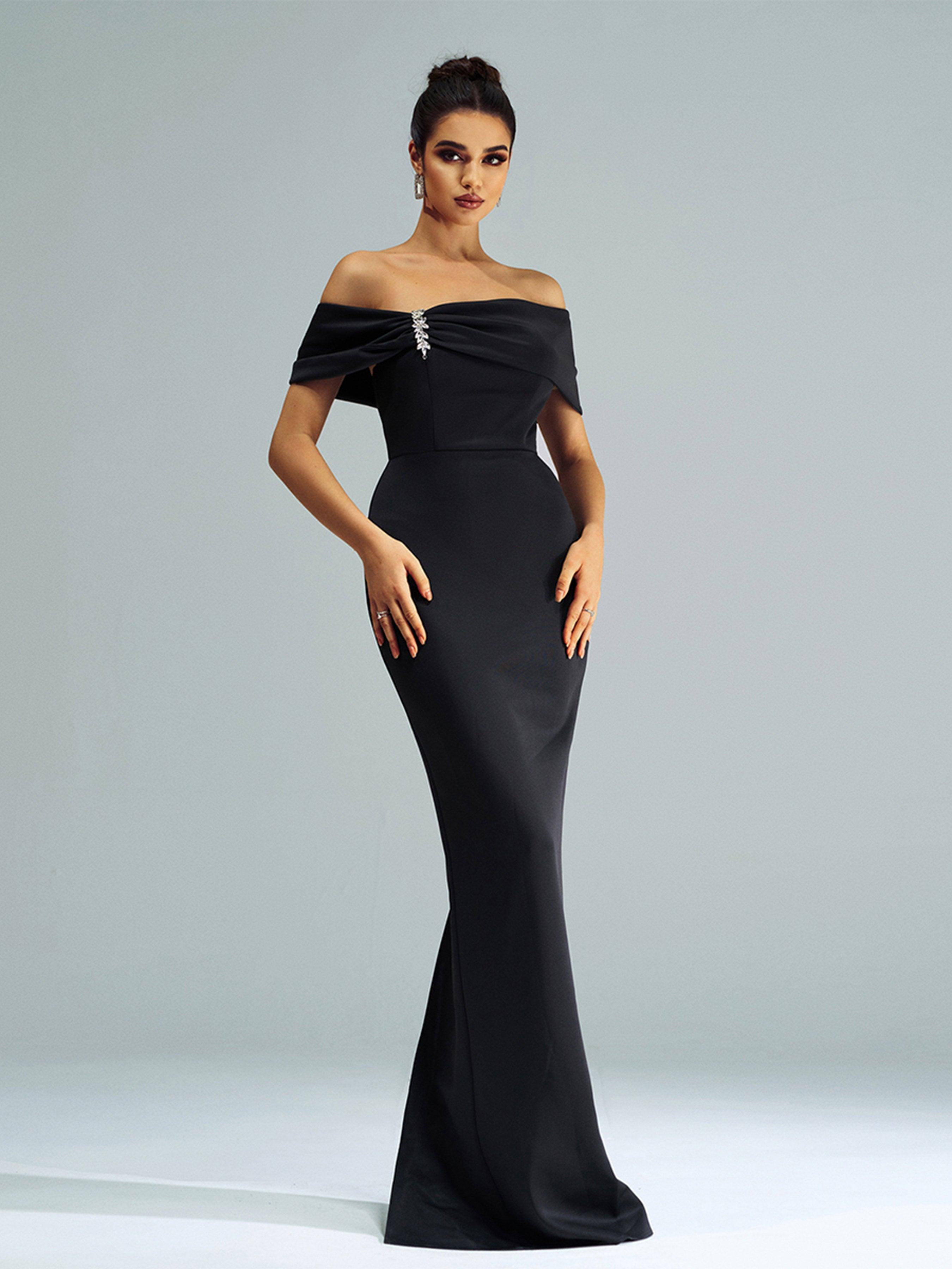 Sort off-the-shoulder-skjortekjole RJ12070