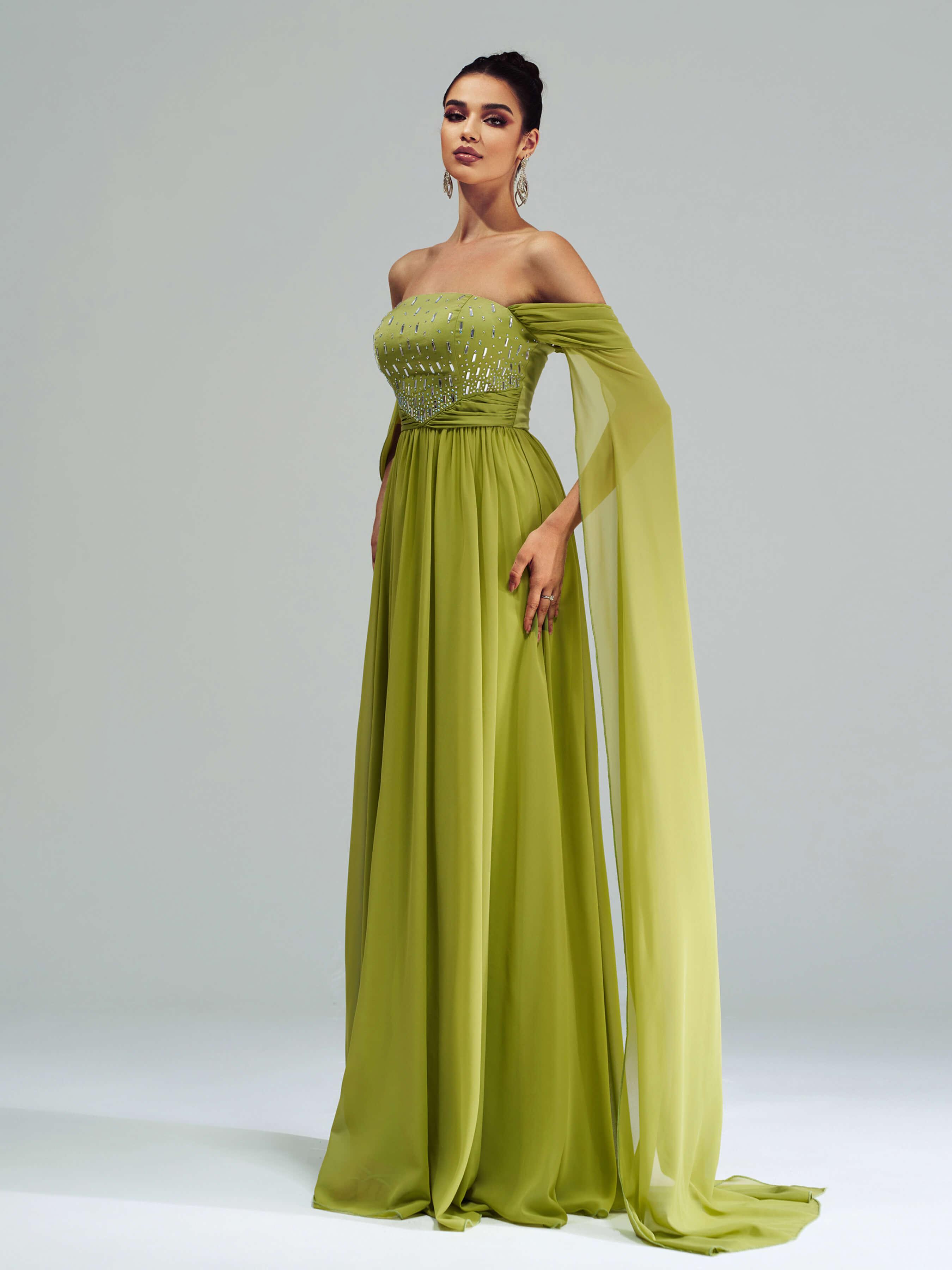 Grøn Chiffon Rhinestone Off Shoulder Prom Dress RX70147